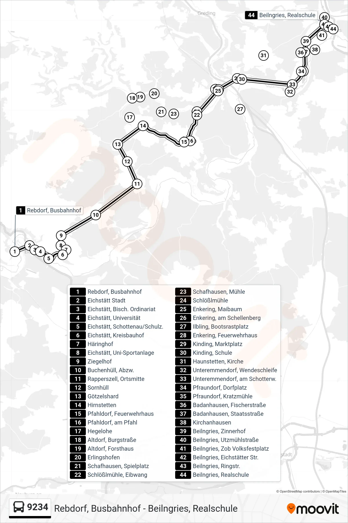 9234 bus Line (Beilngries) route and stops on a map
