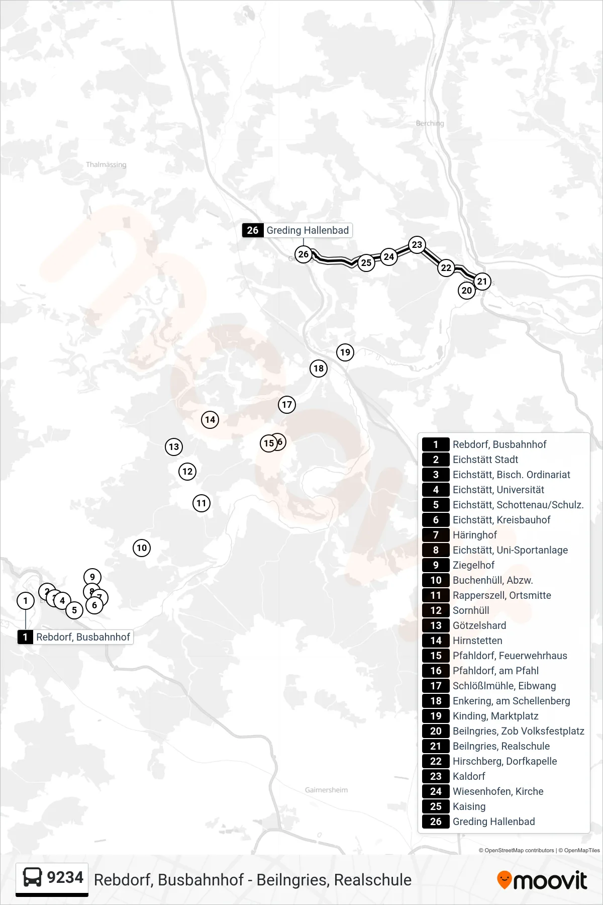 9234 bus Line (Greding) route and stops on a map