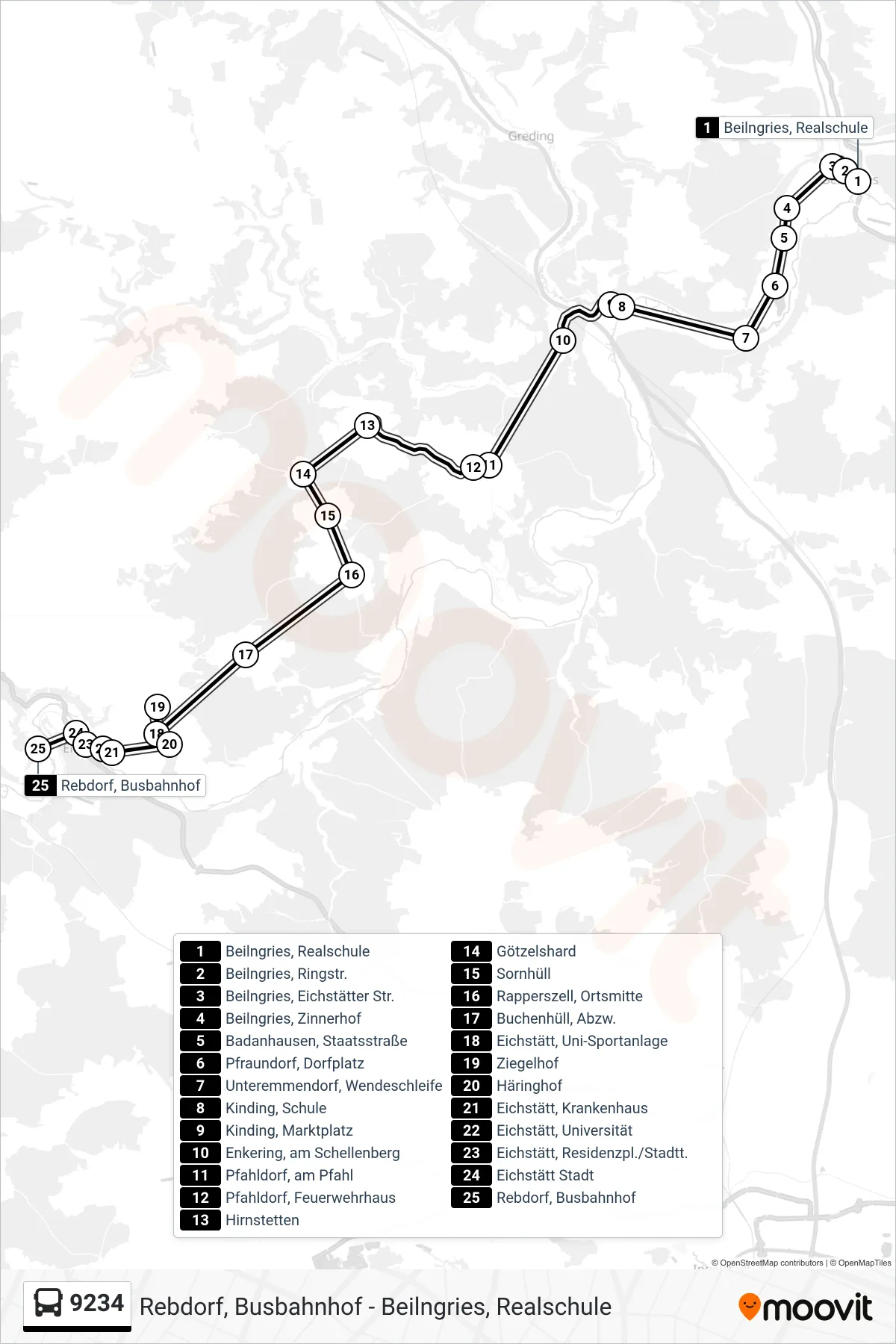 9234 bus Line (Eichstätt Rebdorf) route and stops on a map