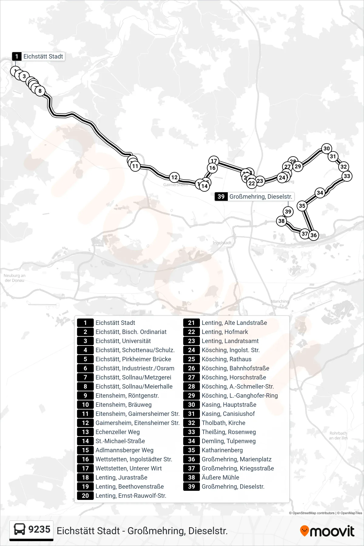 9235 bus Line (Großmehring) route and stops on a map