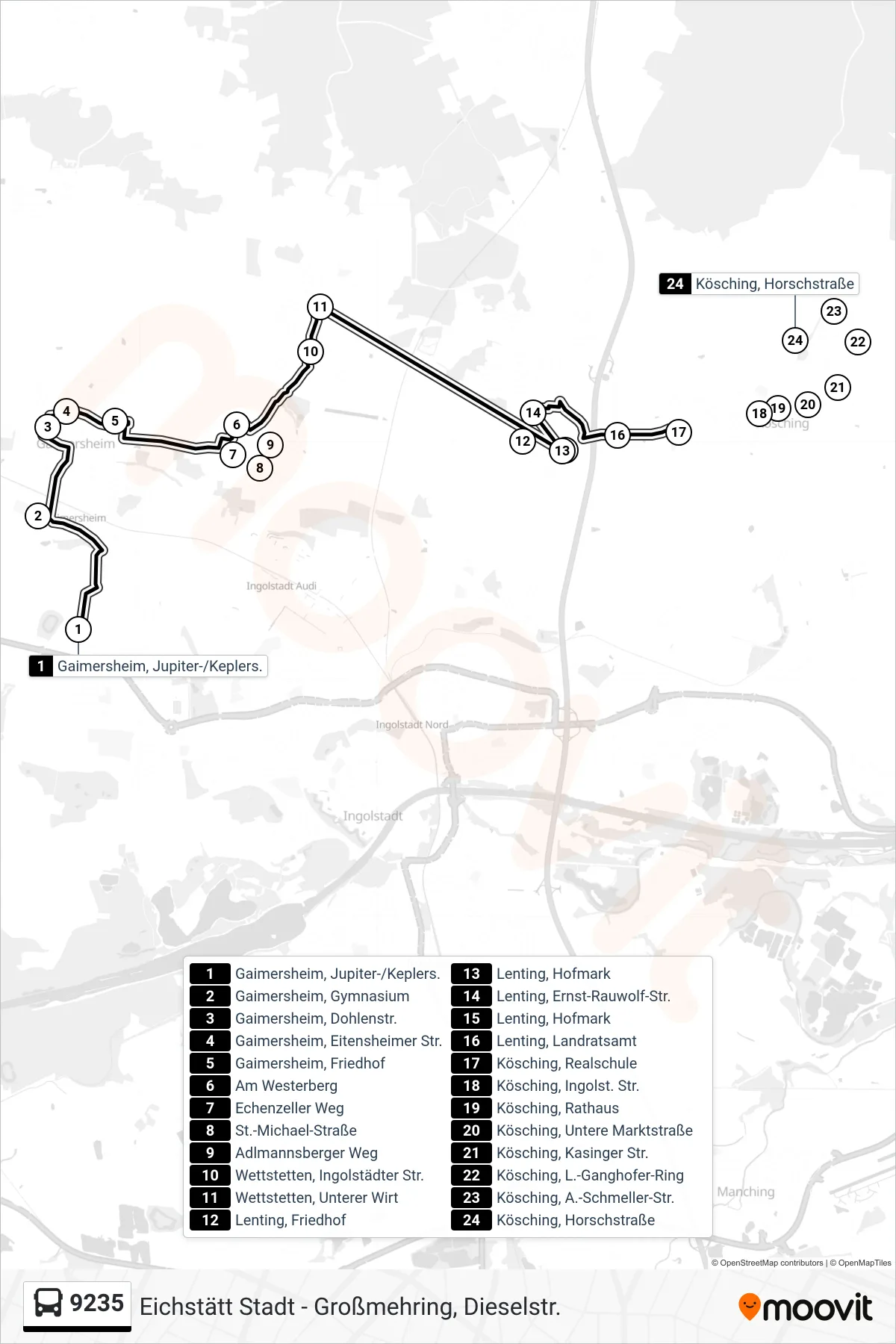 9235 bus Line (Kösching) route and stops on a map