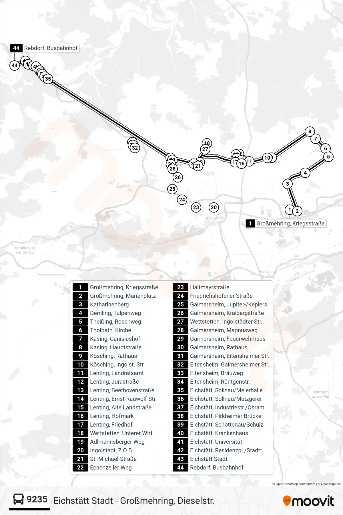 9235 bus Line (Eichstätt Rebdorf) route and stops on a map
