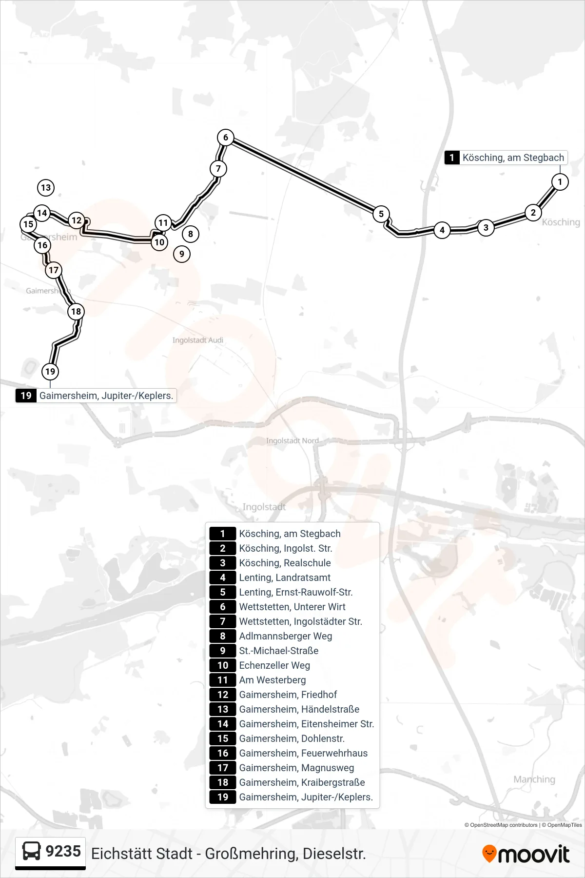 9235 bus Line (Gaimersheim) route and stops on a map