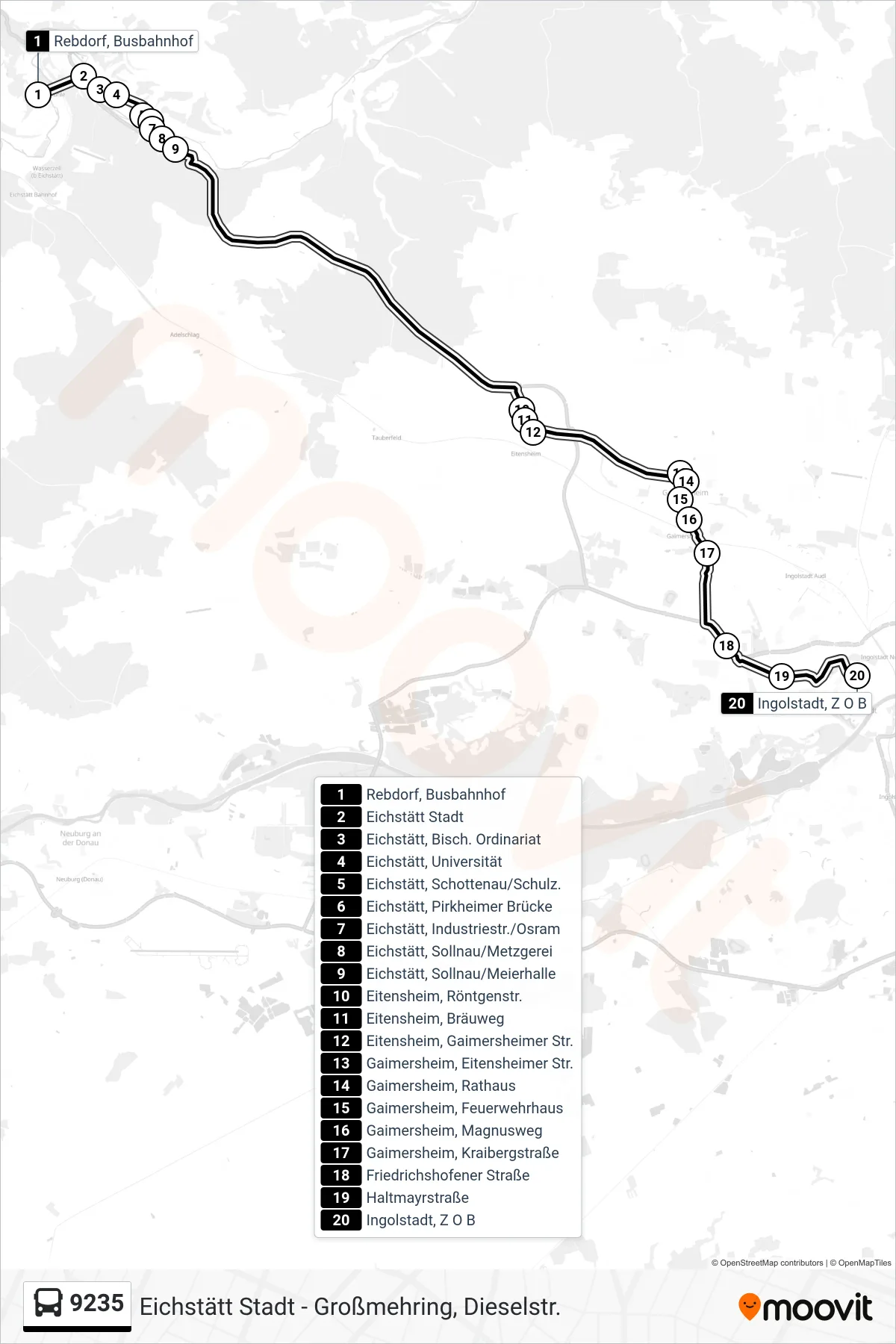 9235 bus Line (Ingolstadt Z O B) route and stops on a map
