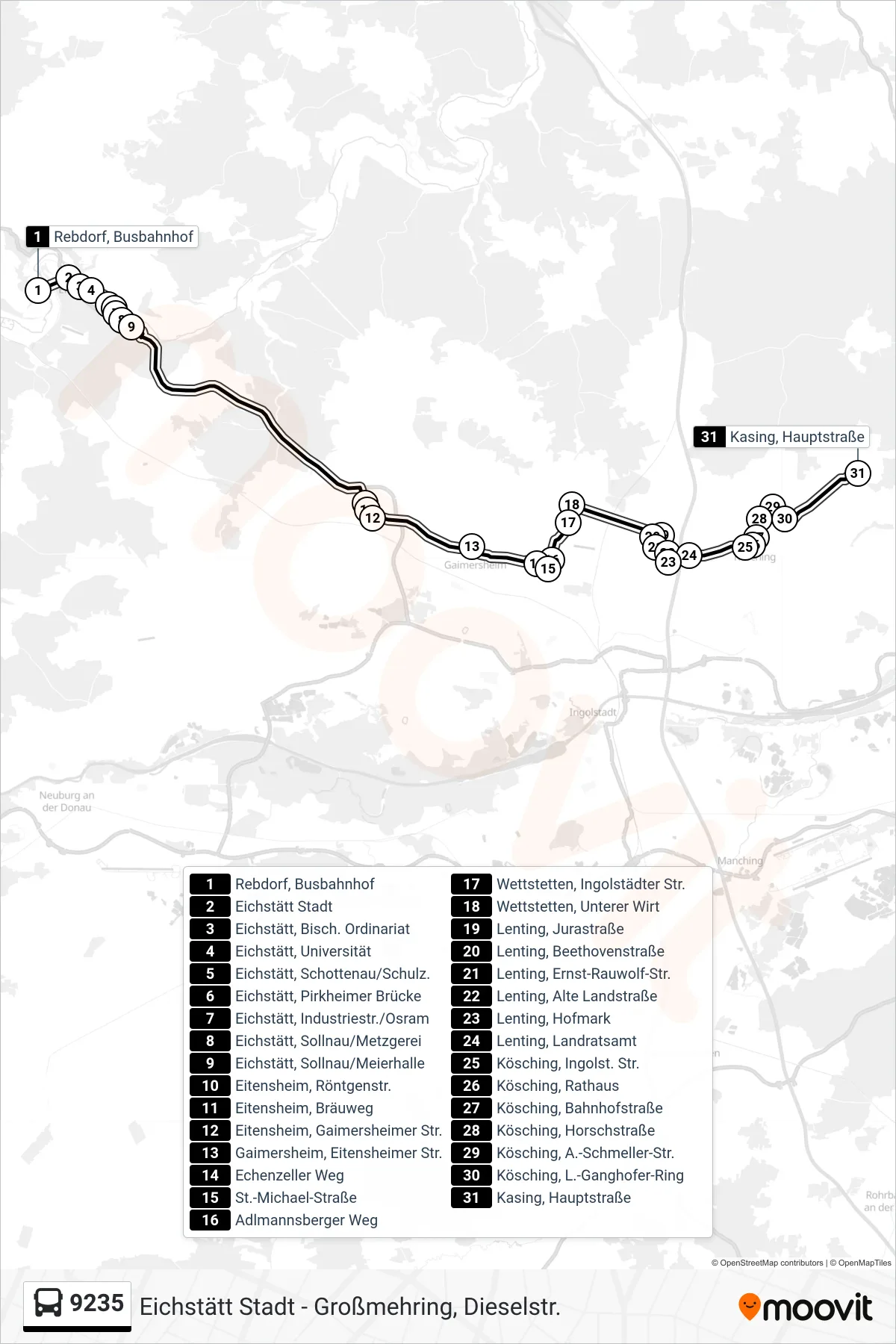 9235 bus Line (Kasing) route and stops on a map