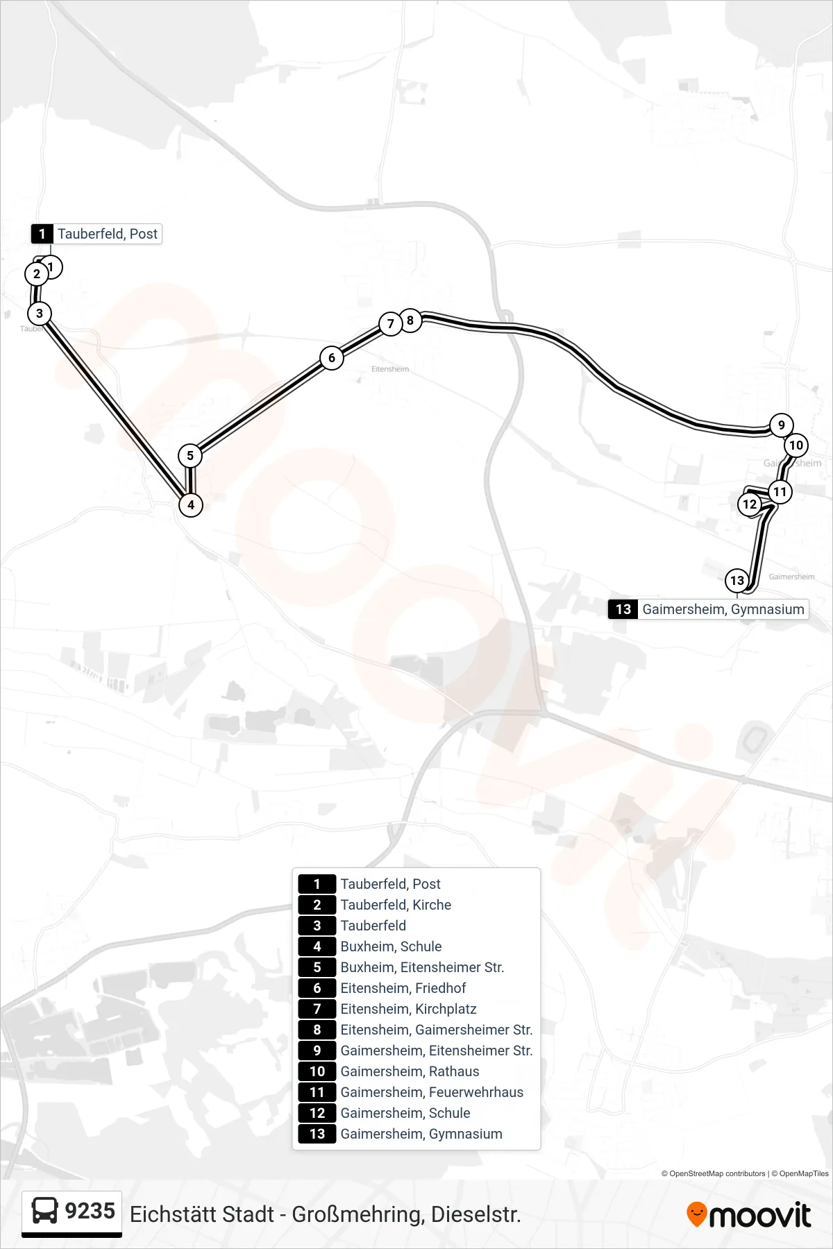 Linie 9235 (Bus) Richtung Gaimersheim Gymnasium: Route und Haltestellen auf der Karte