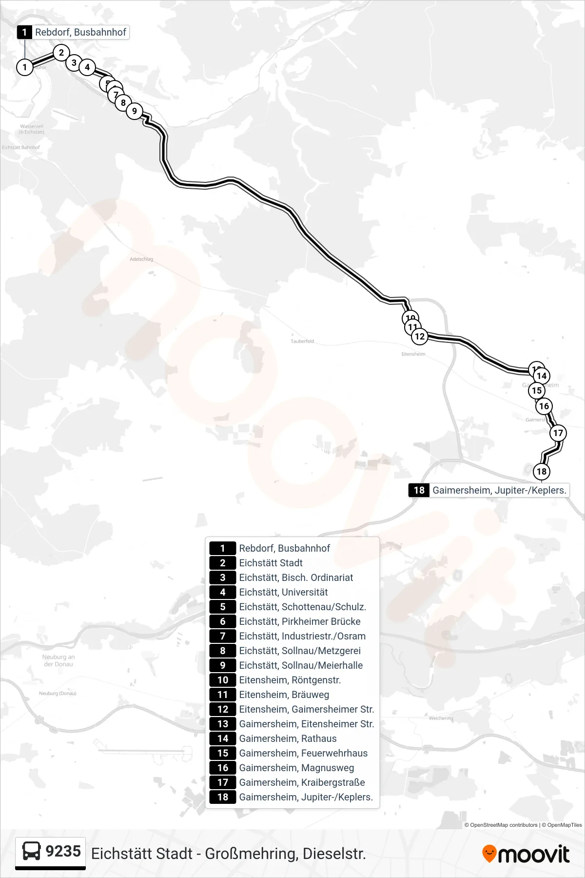 9235 bus Line (Gaimersheim Jupiter/Kepler) route and stops on a map