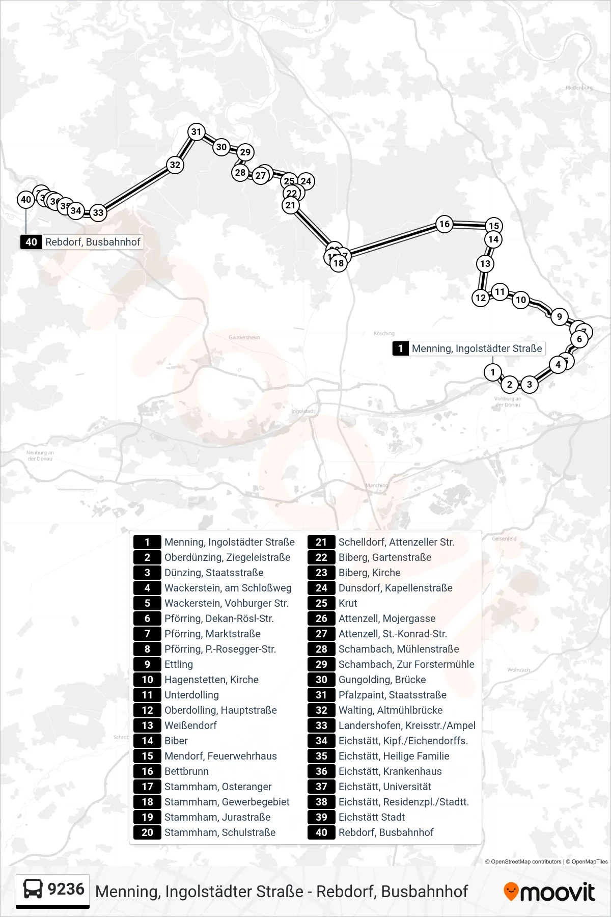 9236 bus Line (Rebdorf Busbahnhof) route and stops on a map