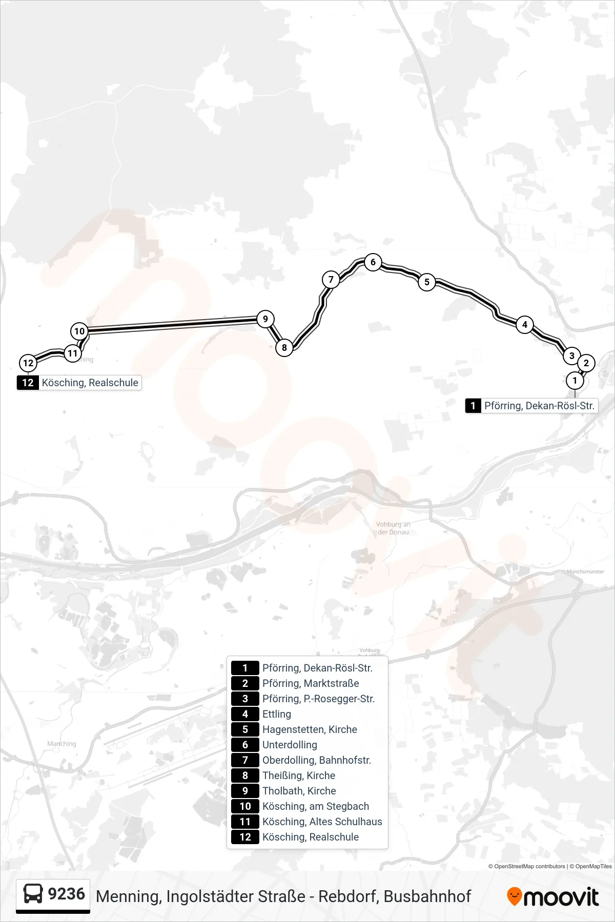 9236 bus Line (Lenting) route and stops on a map
