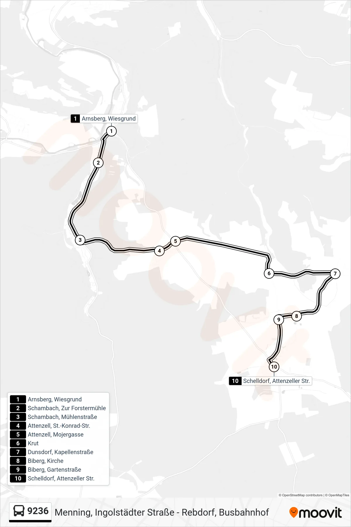9236 bus Line (Schelldorf) route and stops on a map