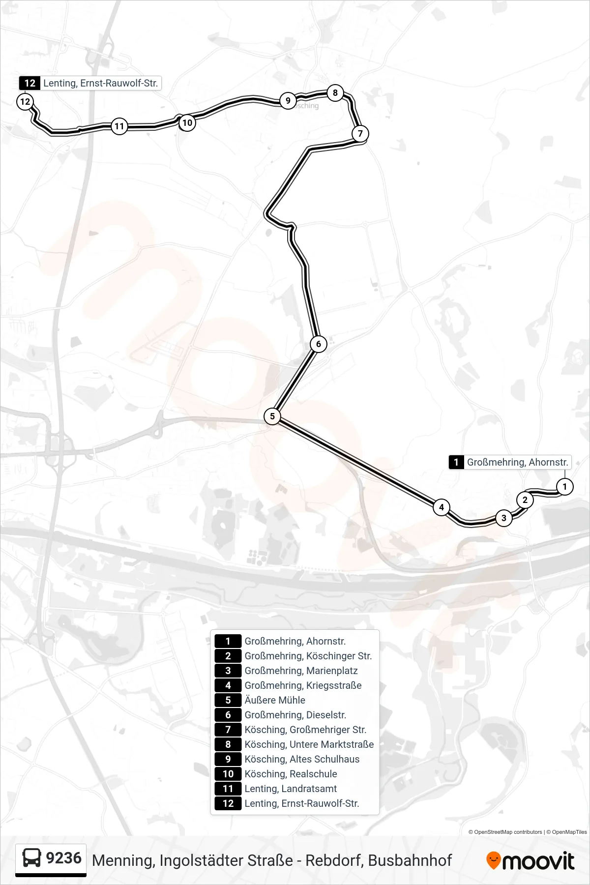9236 bus Line (Lenting E.-Rauwolf-Str.) route and stops on a map