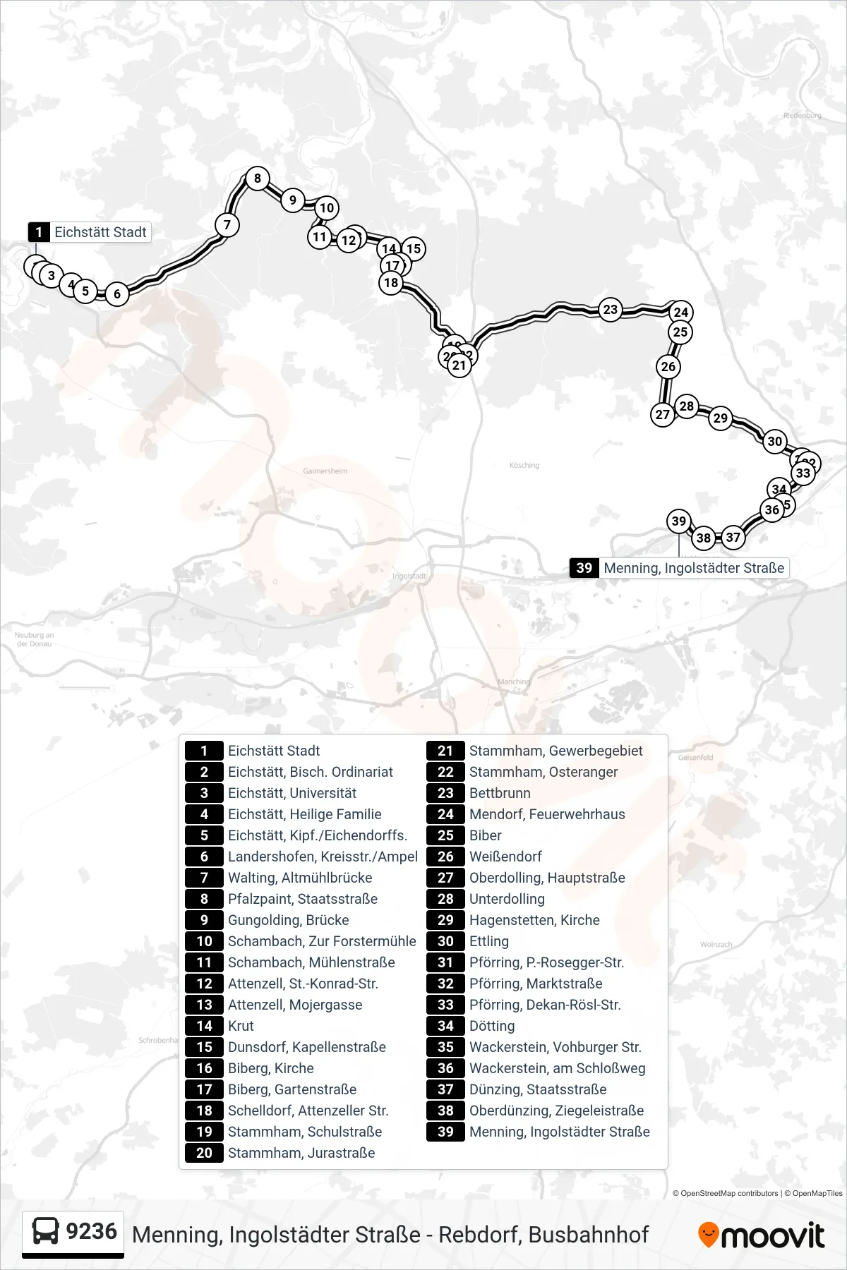 9236 bus Line (Menning) route and stops on a map