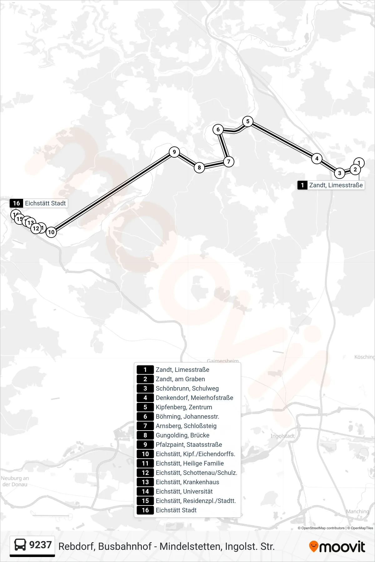 9237 bus Line (Eichstätt) route and stops on a map