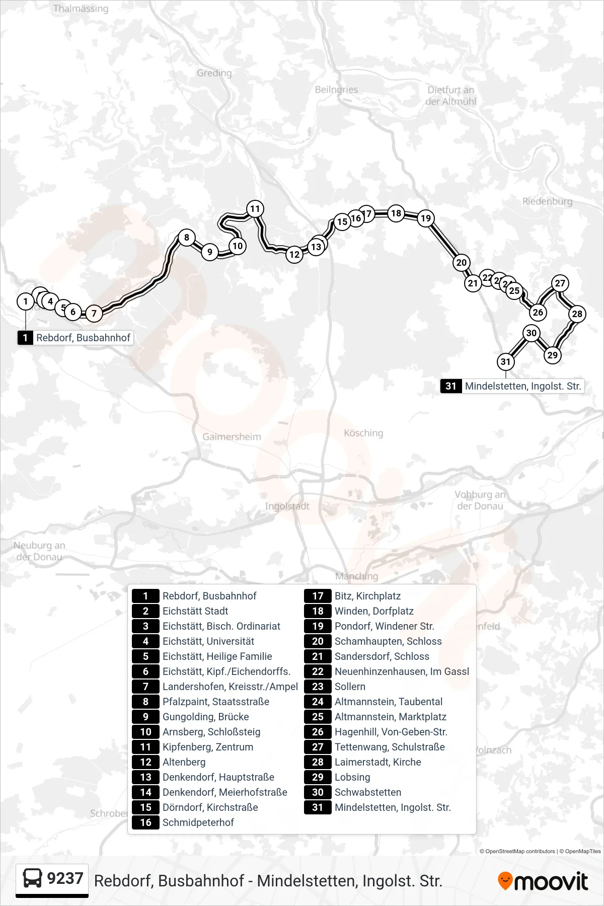 Linie 9237 (Bus) Richtung Mindelstetten: Route und Haltestellen auf der Karte