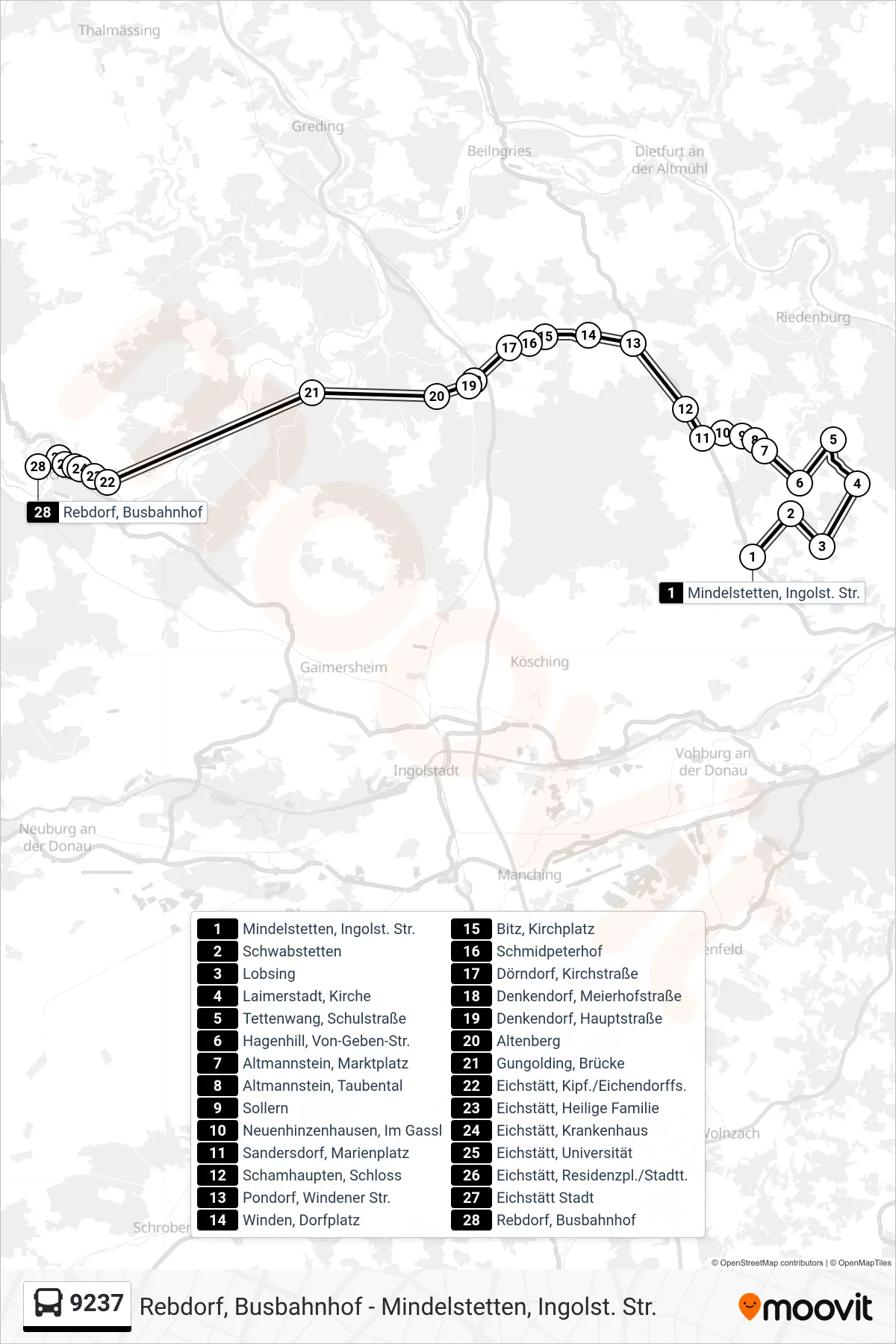 Linie 9237 (Bus) Richtung Eichstätt Rebdorf: Route und Haltestellen auf der Karte