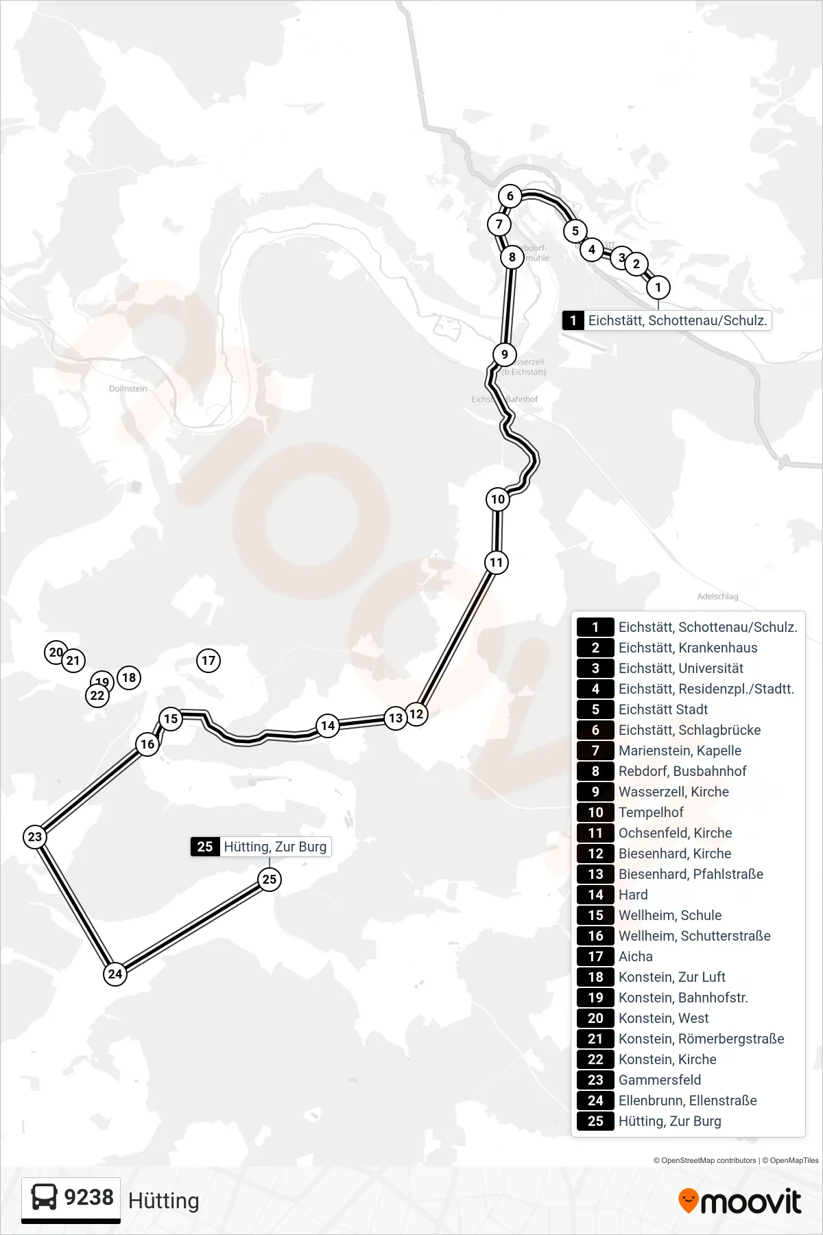 9238 bus Line (Hütting) route and stops on a map