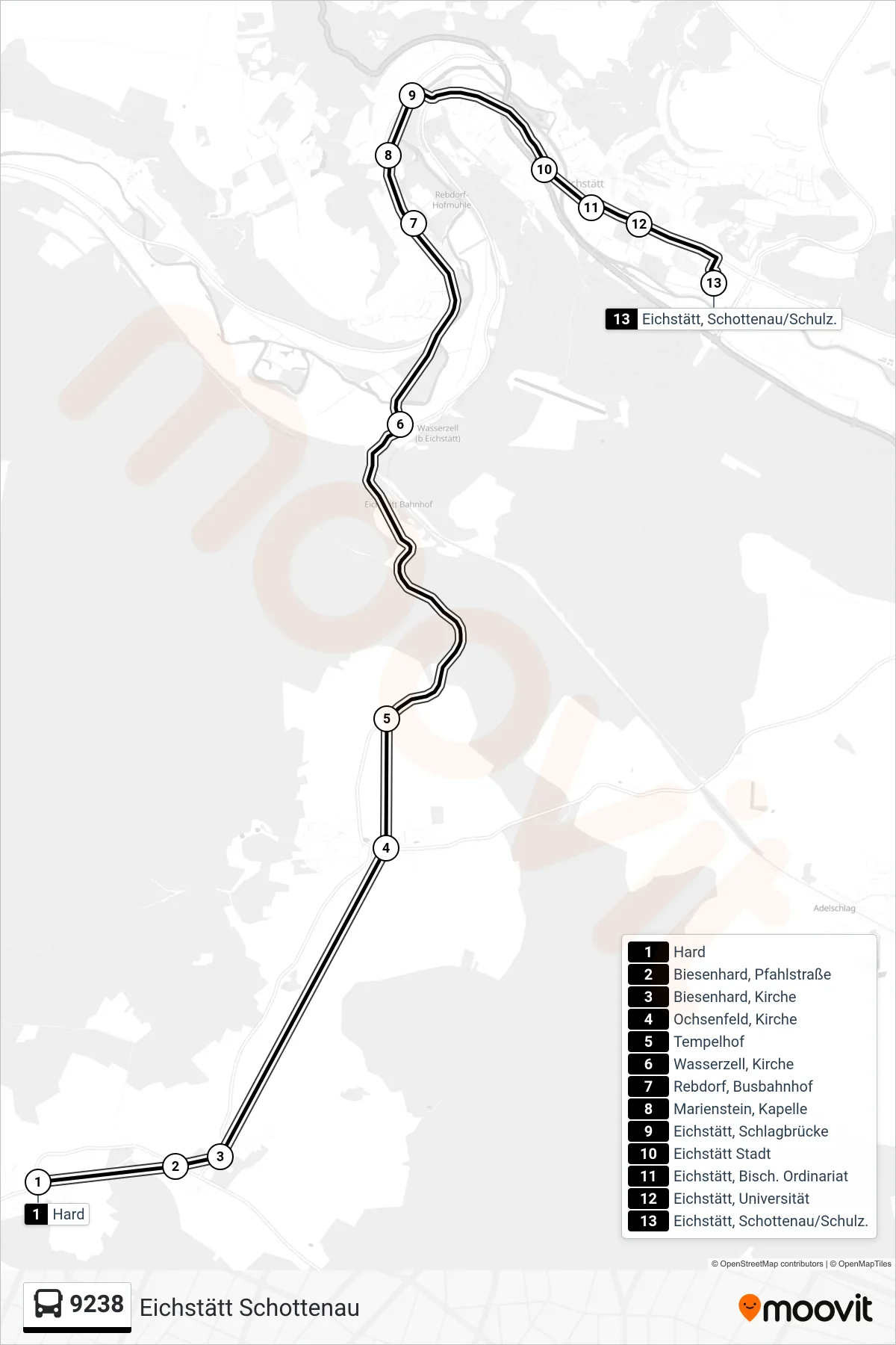 Linie 9238 (Bus) Richtung Eichstätt Schottenau: Route und Haltestellen auf der Karte