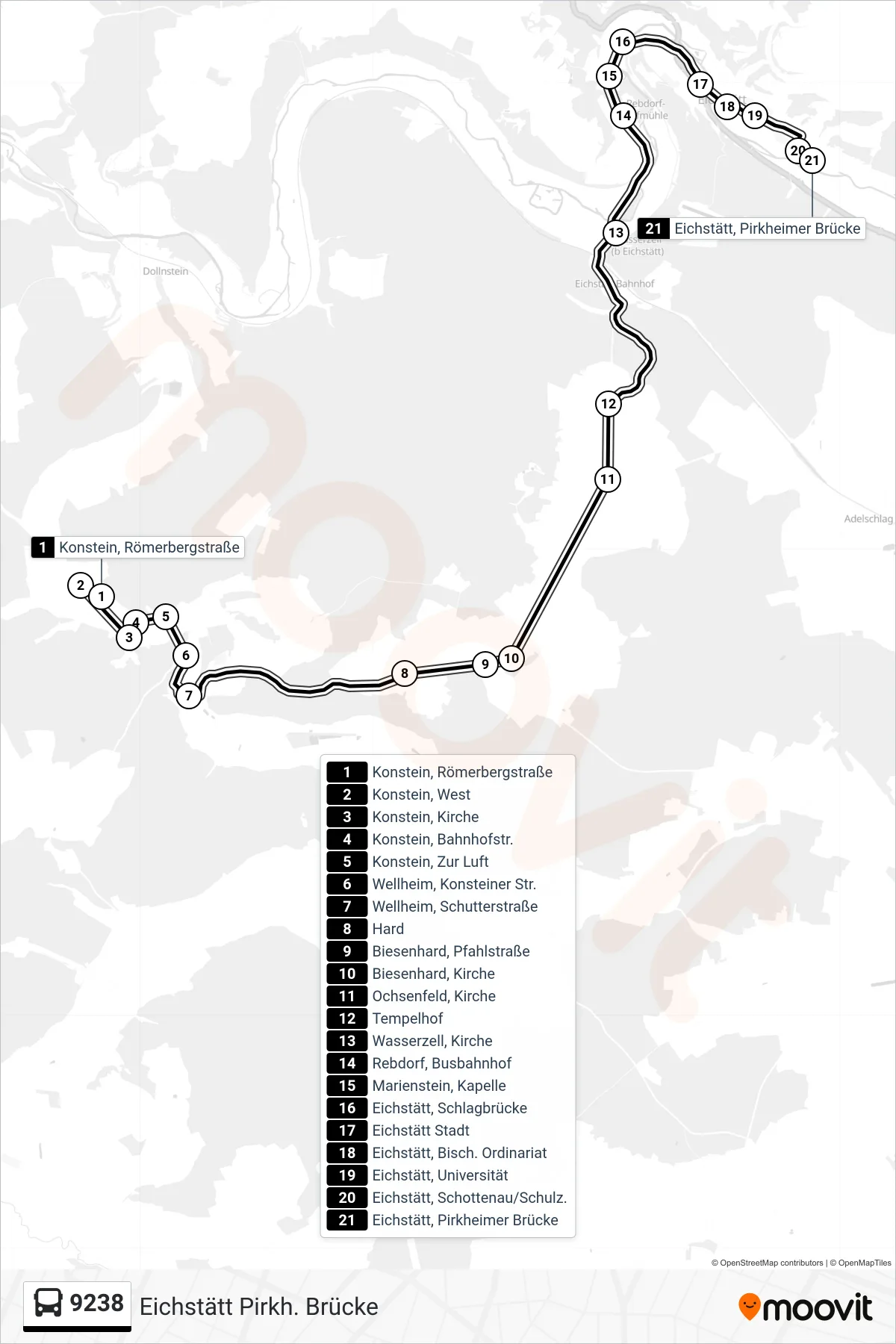 Linie 9238 (Bus) Richtung Eichstätt Pirkh. Brücke: Route und Haltestellen auf der Karte
