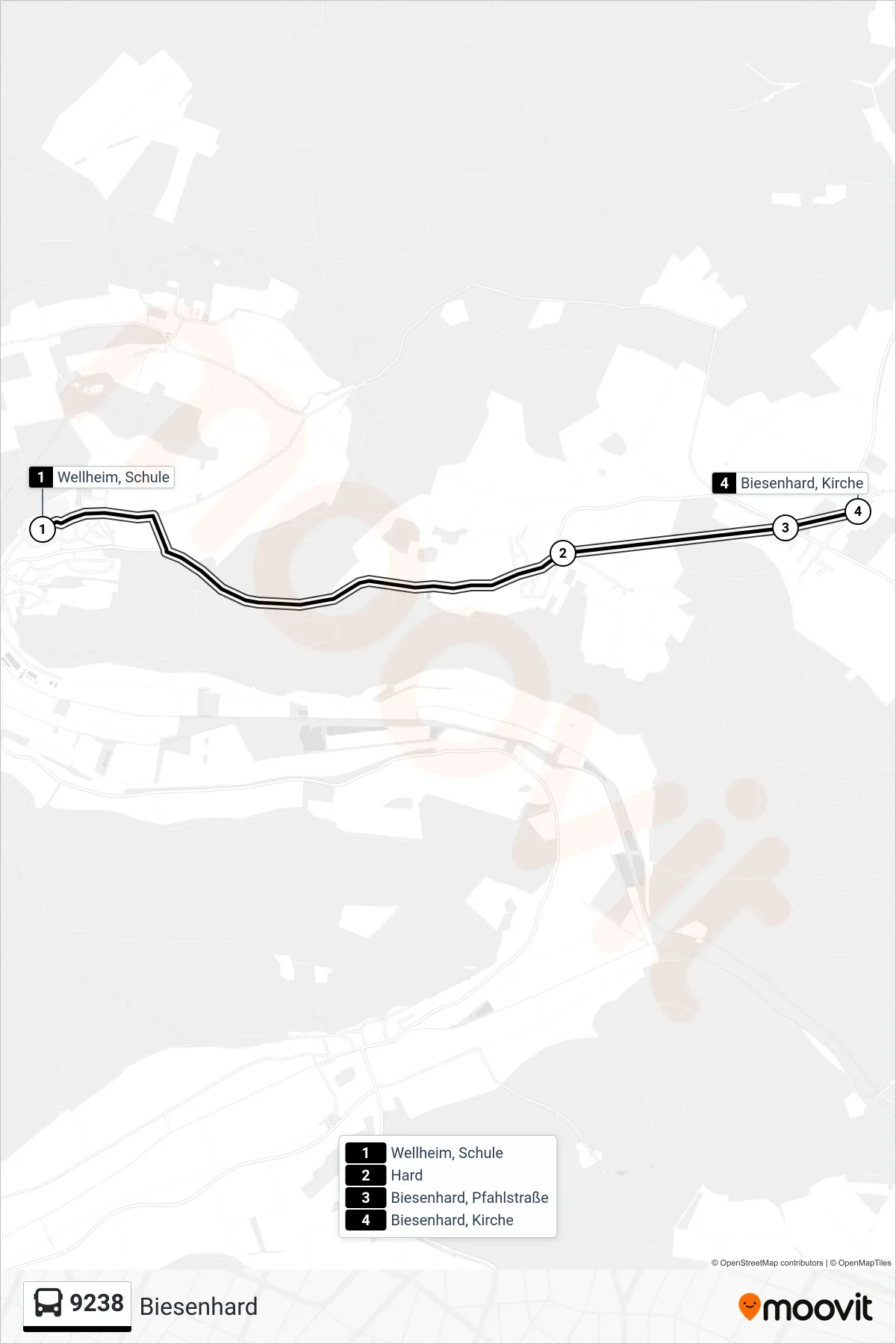 9238 bus Line (Biesenhard) route and stops on a map
