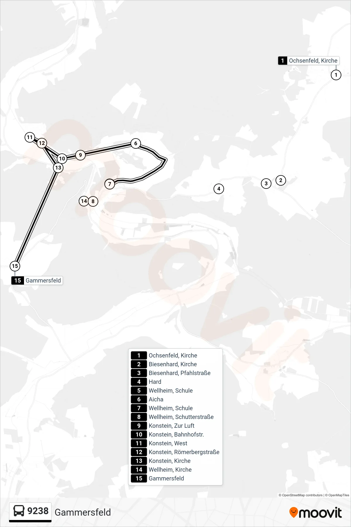 9238 bus Line (Gammersfeld) route and stops on a map