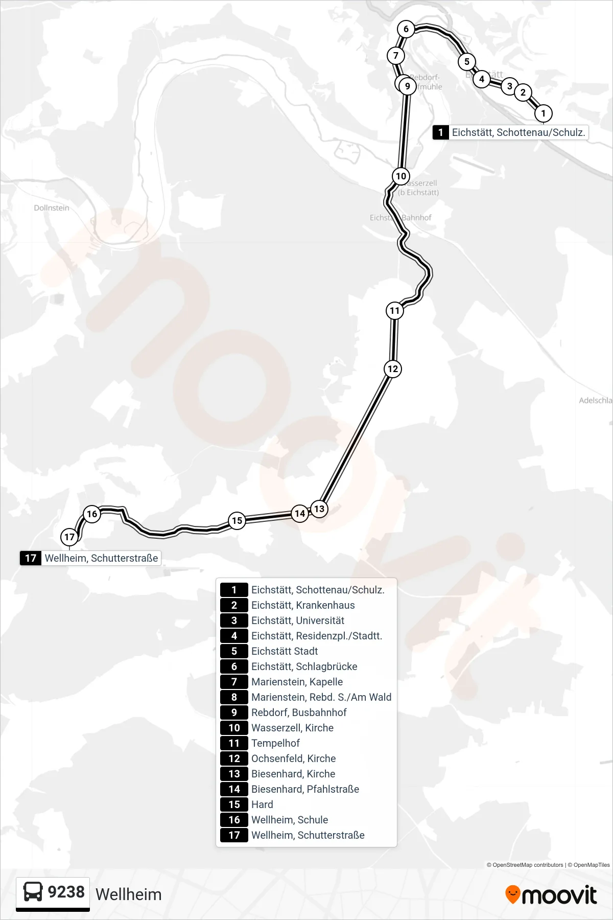 9238 bus Line (Wellheim) route and stops on a map