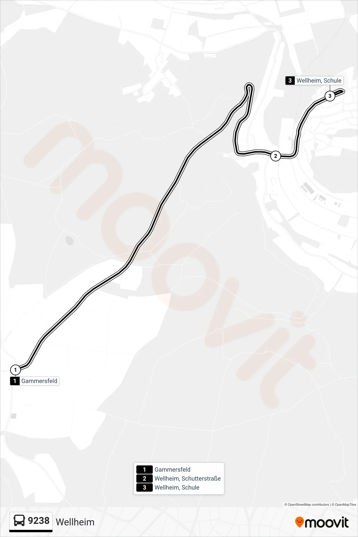 9238 bus Line (Wellheim) route and stops on a map