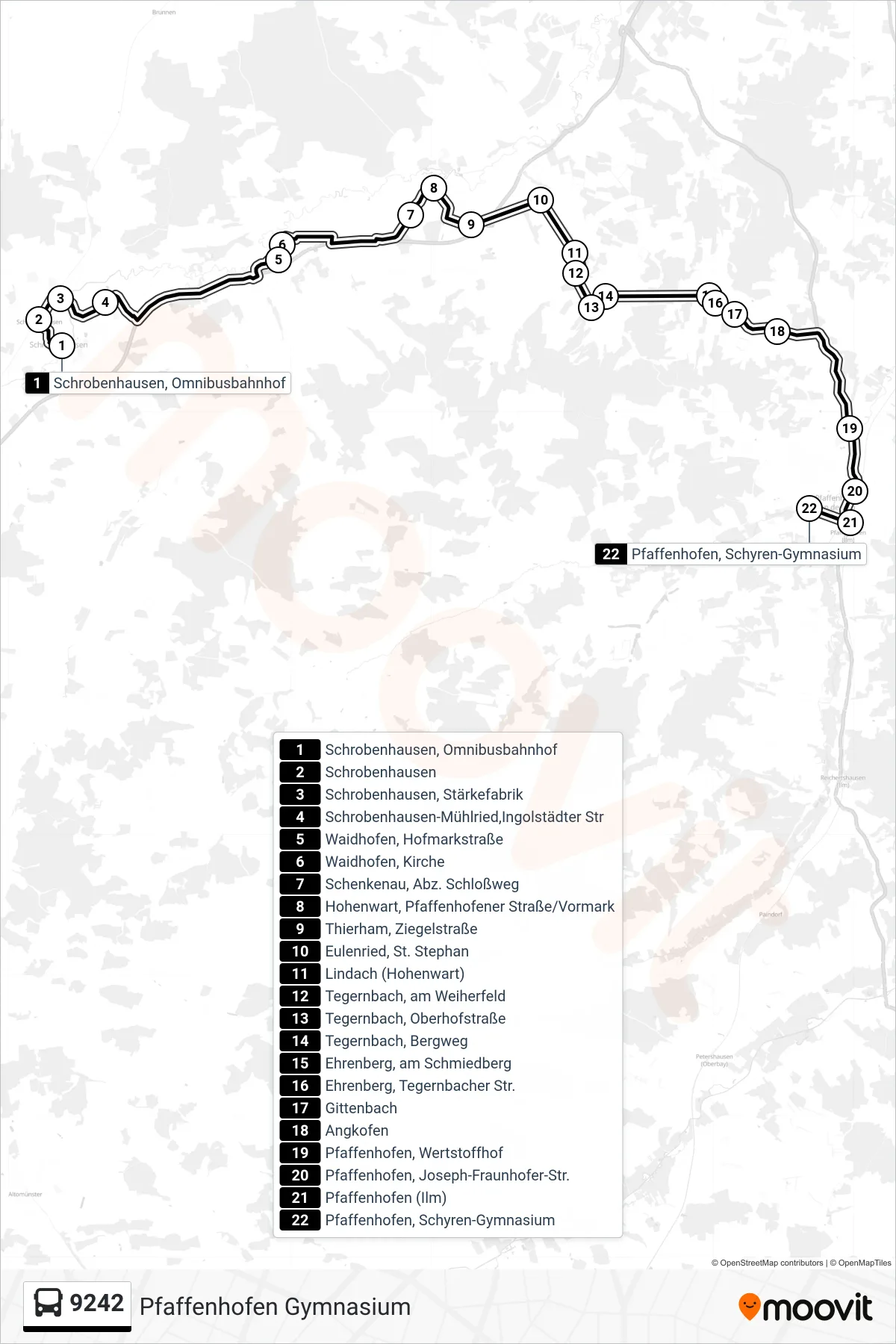 9242 bus Line (Pfaffenhofen Gymnasium) route and stops on a map