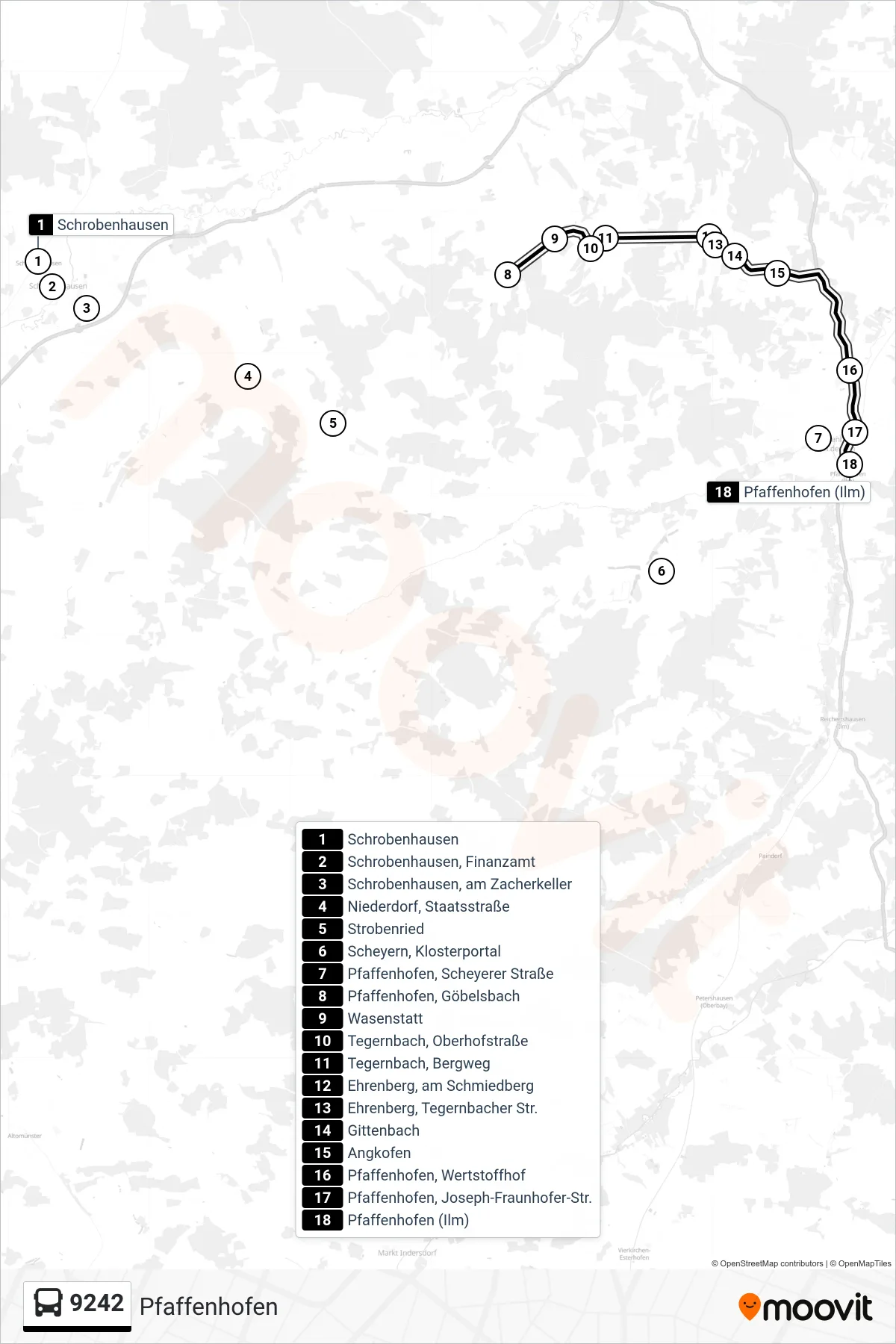 Linie 9242 (Bus) Richtung Pfaffenhofen: Route und Haltestellen auf der Karte