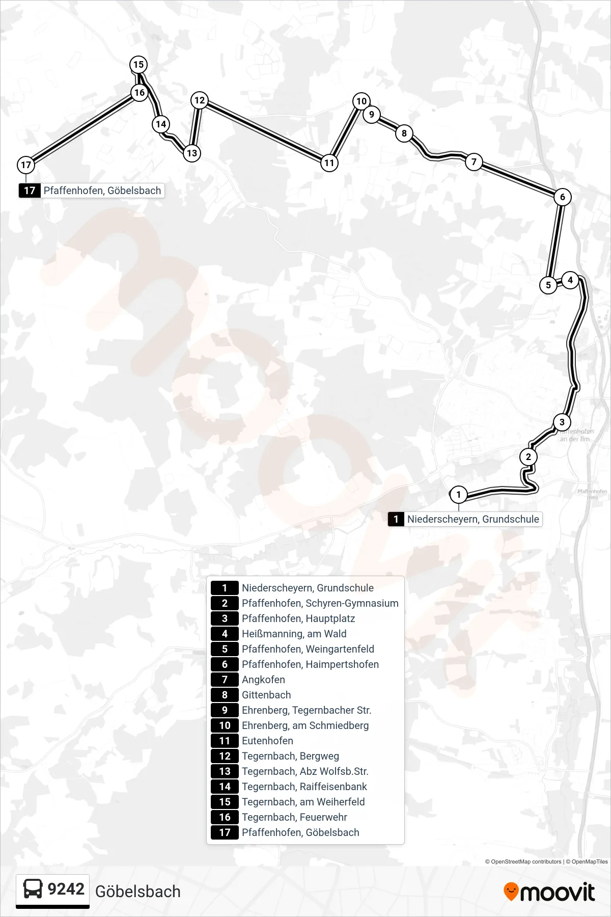 9242 bus Line (Göbelsbach) route and stops on a map