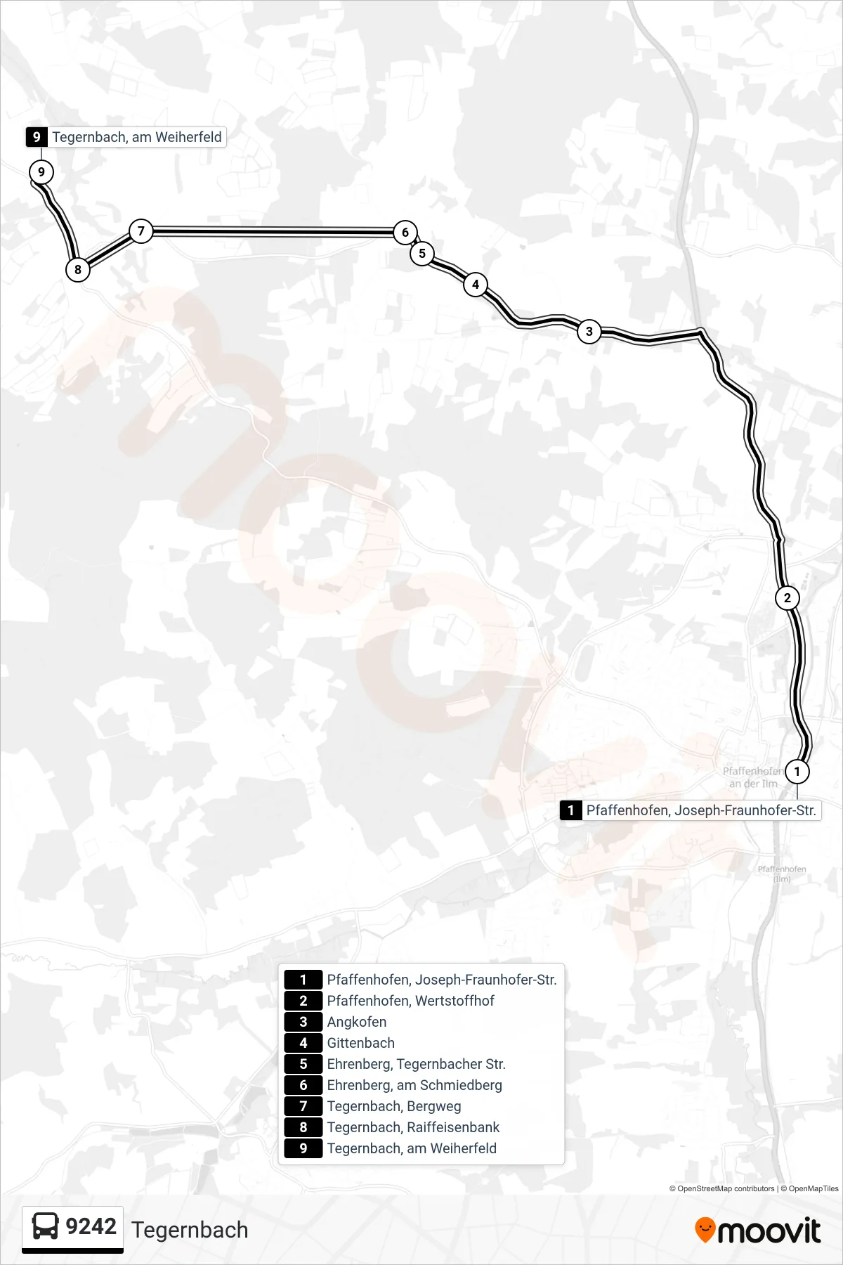9242 bus Line (Tegernbach) route and stops on a map
