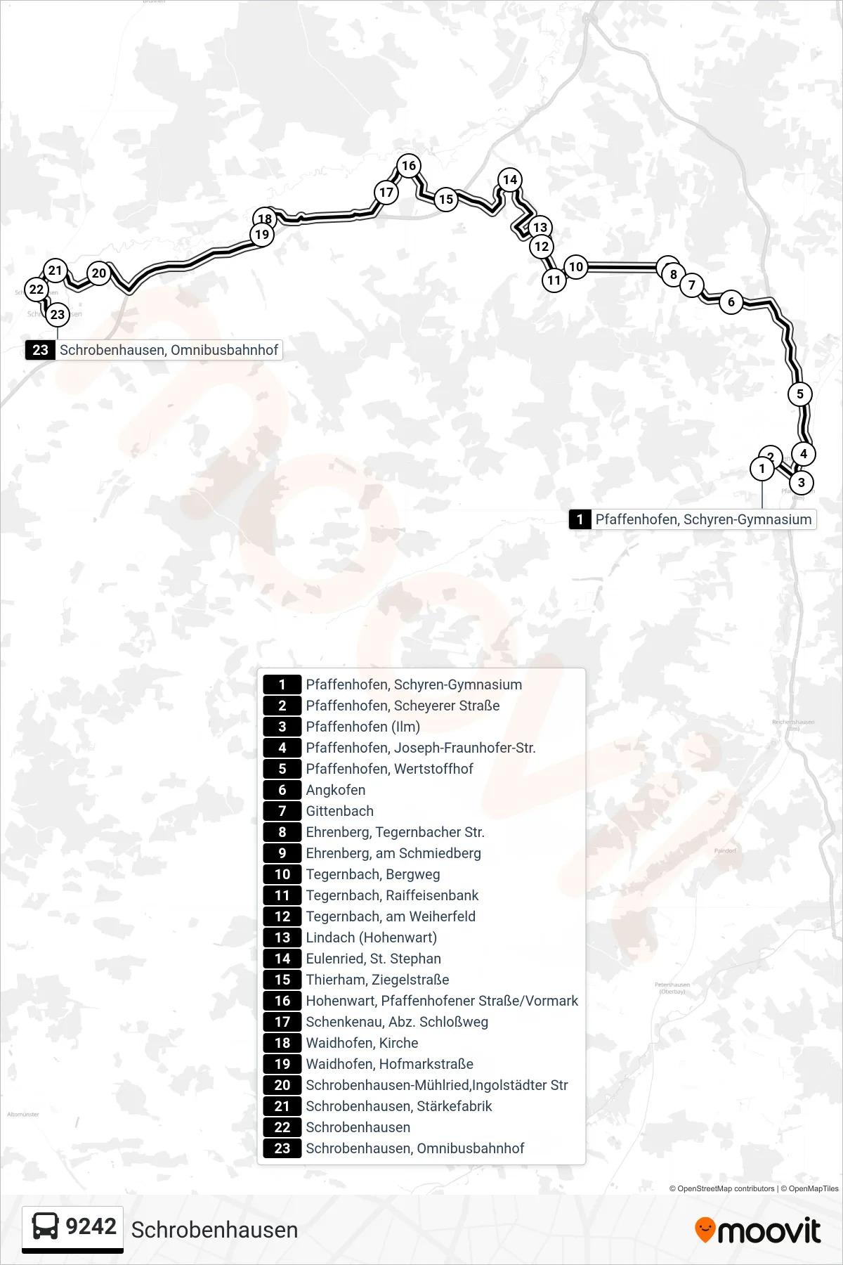 9242 bus Line (Schrobenhausen) route and stops on a map