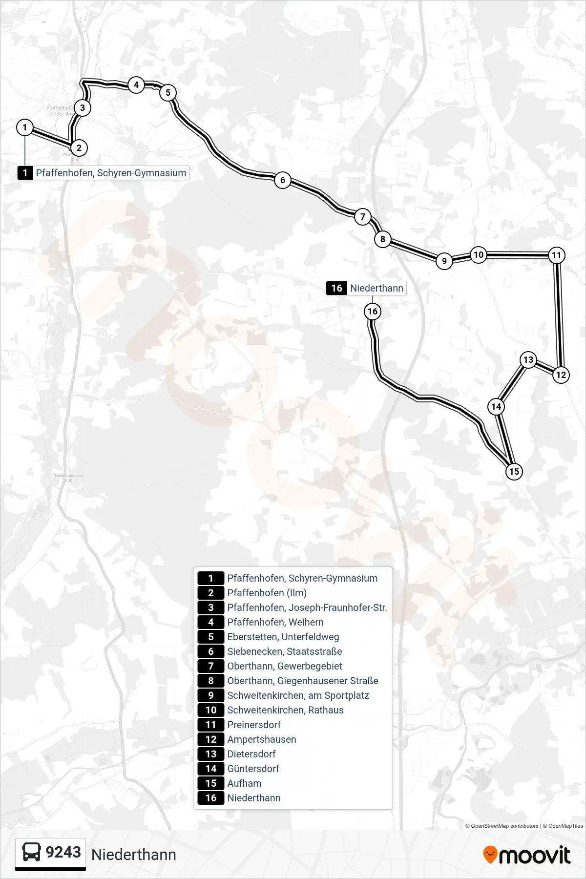 Linie 9243 (Bus) Richtung Niederthann: Route und Haltestellen auf der Karte