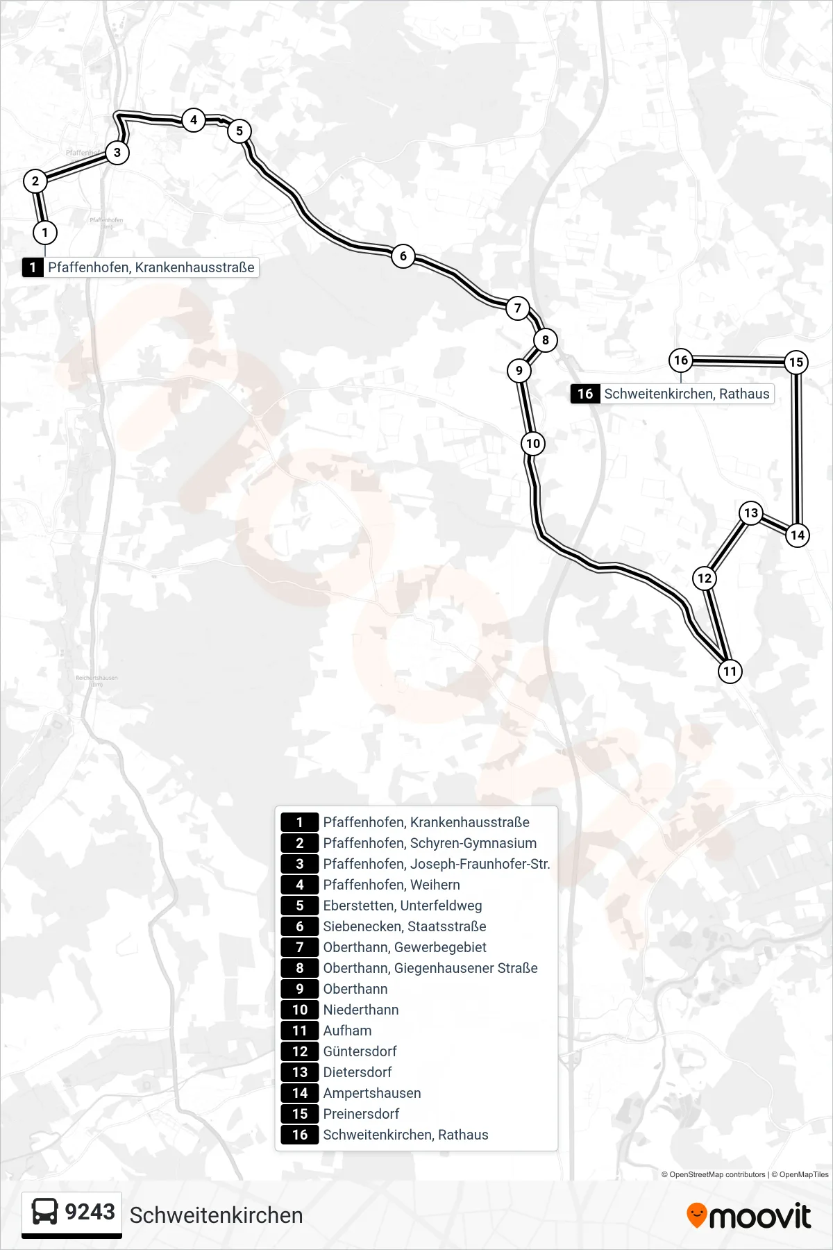 Linie 9243 (Bus) Richtung Schweitenkirchen: Route und Haltestellen auf der Karte