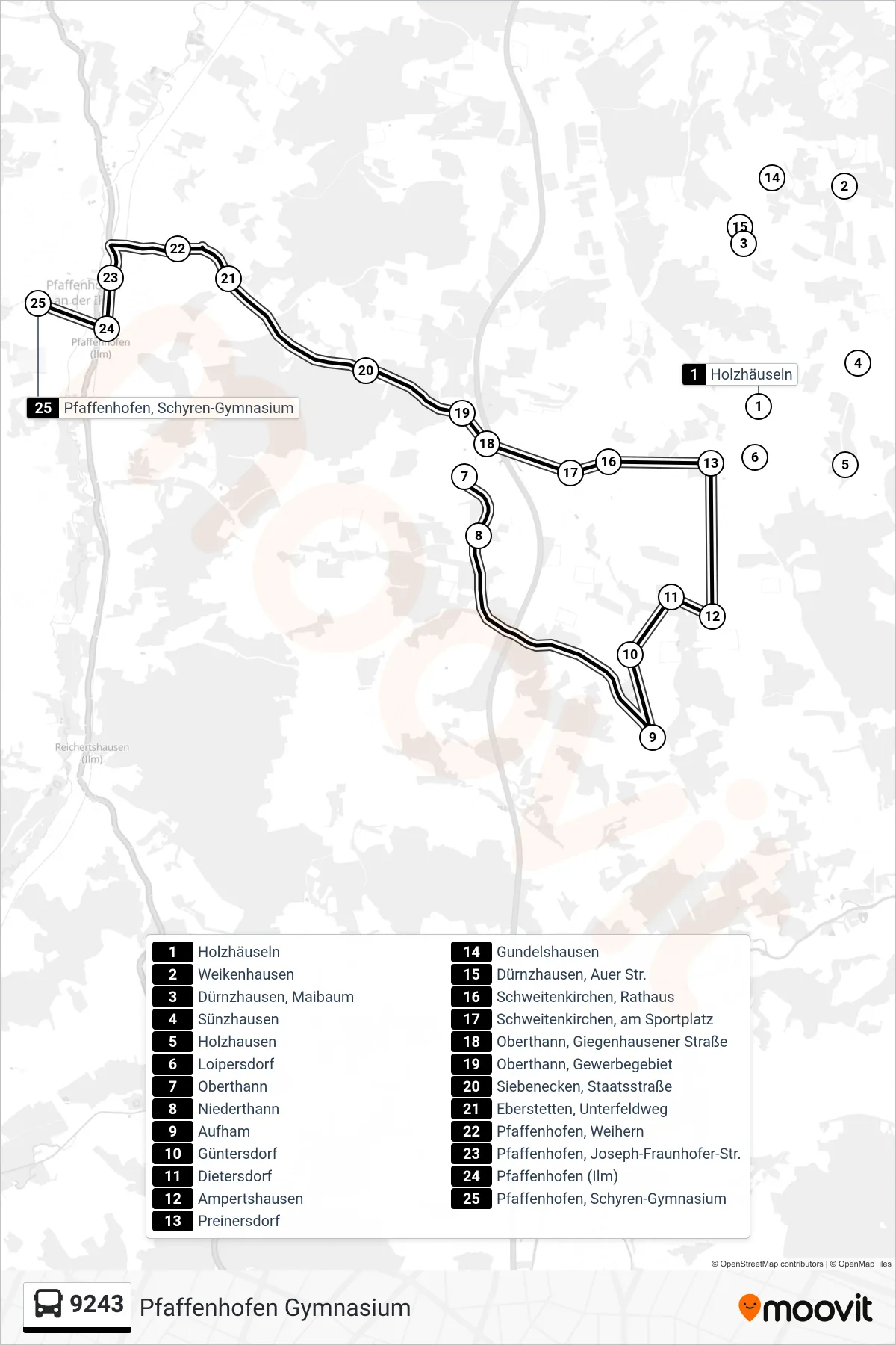 Linie 9243 (Bus) Richtung Pfaffenhofen Gymnasium: Route und Haltestellen auf der Karte