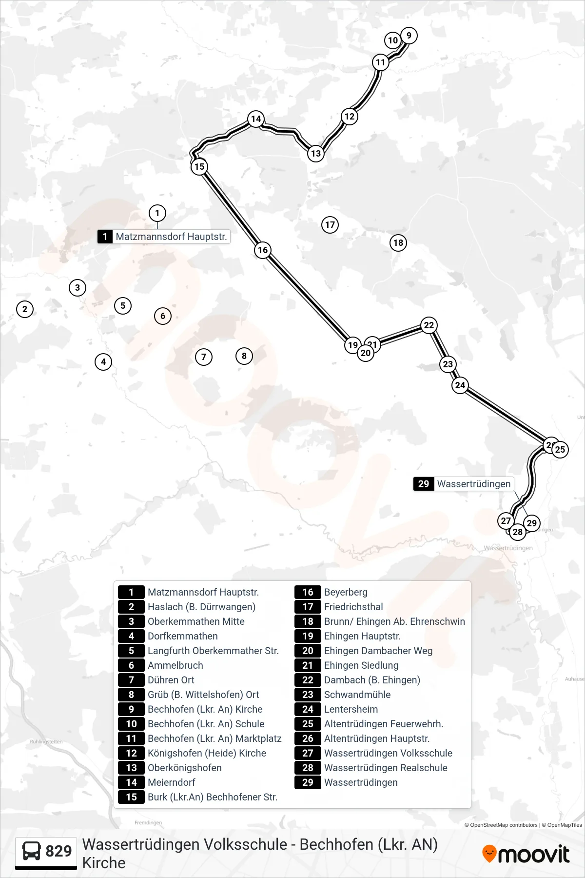 829 bus Line (829 Wassertrüdingen) route and stops on a map