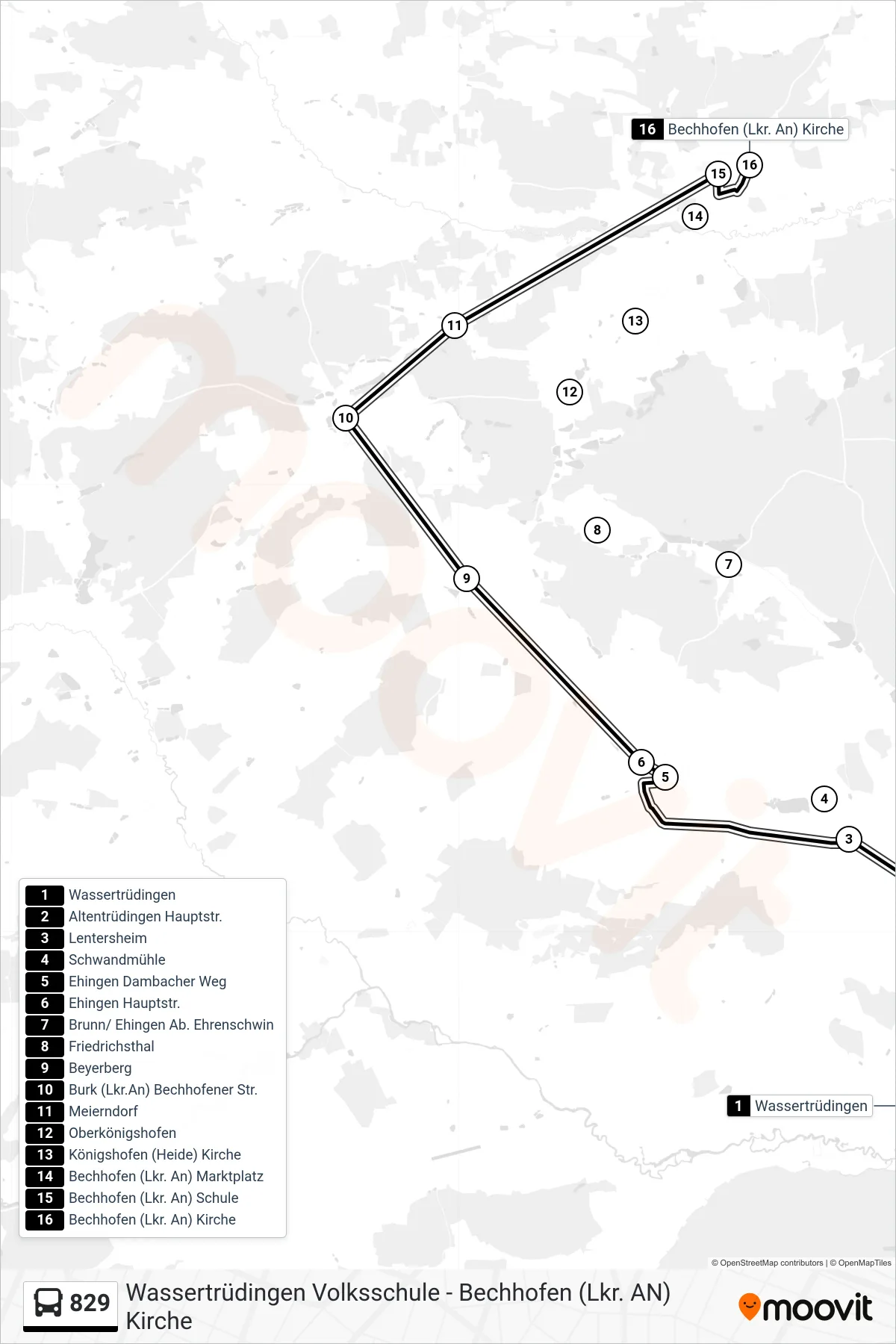 829 bus Line (829 Bechhofen) route and stops on a map