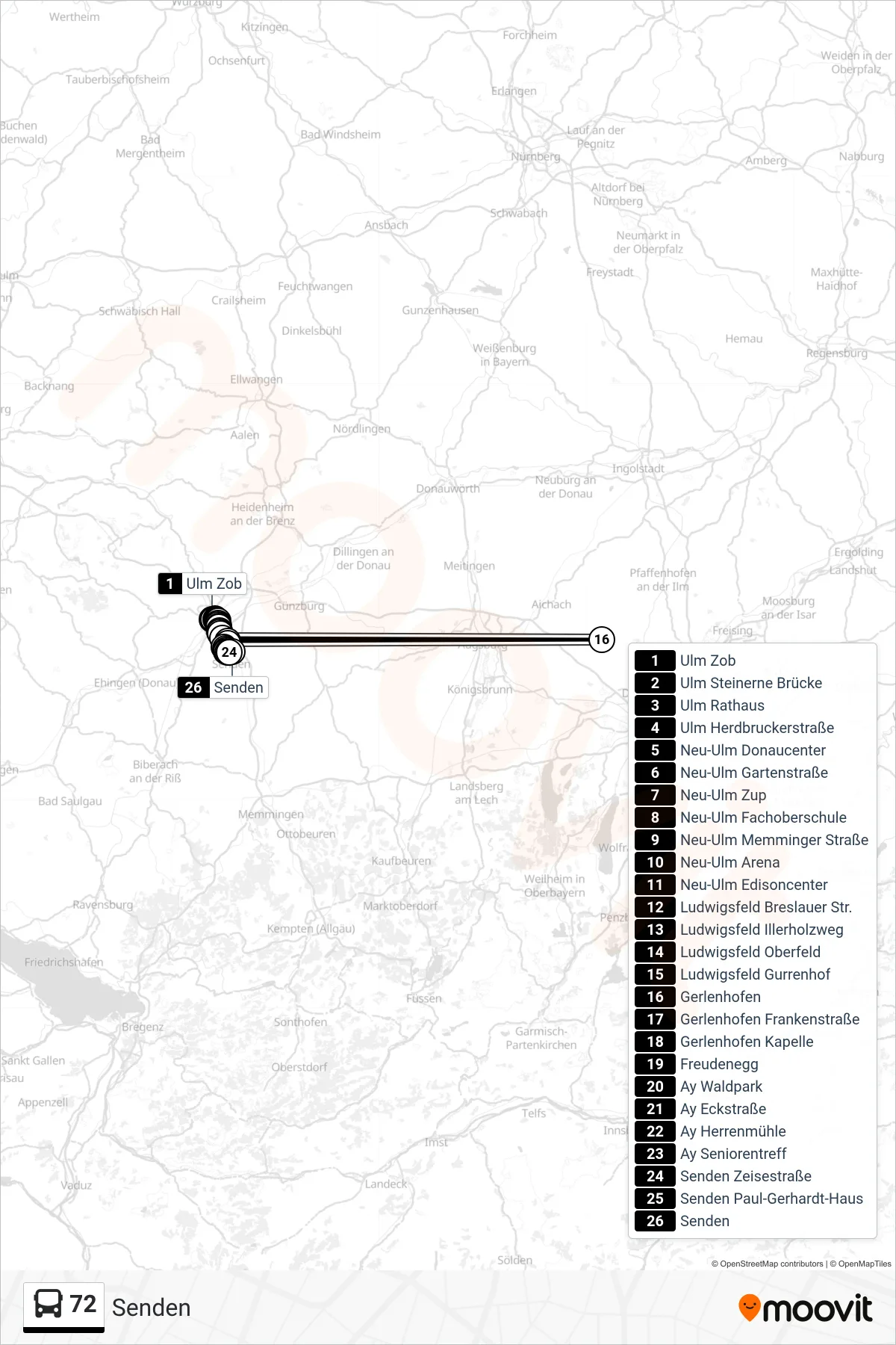 72 bus Line (Senden) route and stops on a map