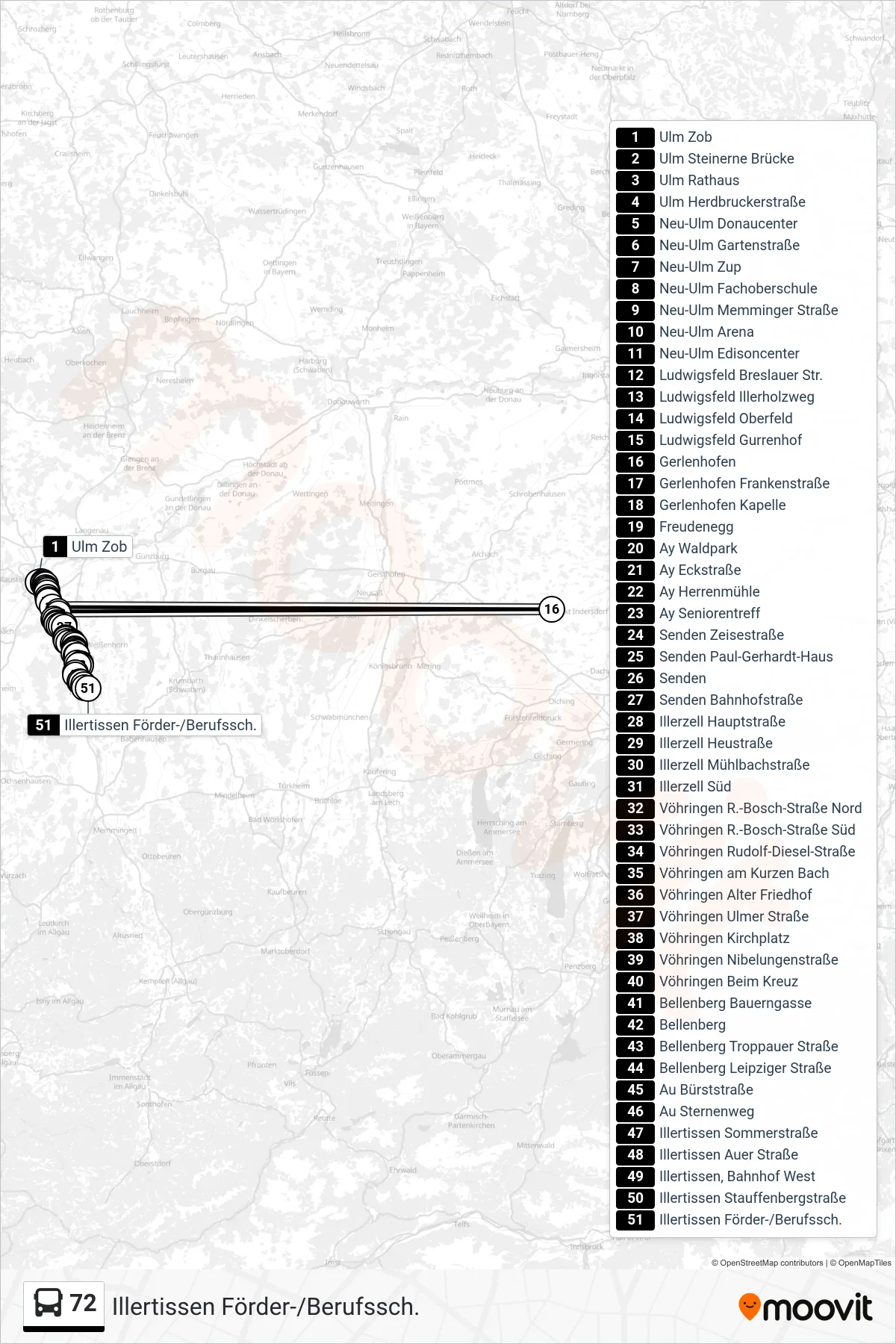 72 bus Line (Illertissen Förder-/Berufssch.) route and stops on a map