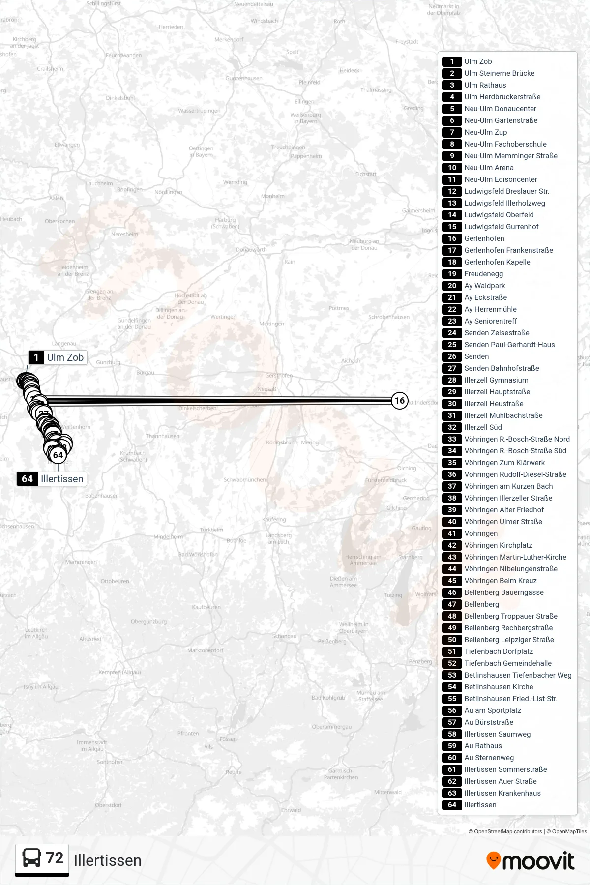 72 bus Line (Illertissen) route and stops on a map