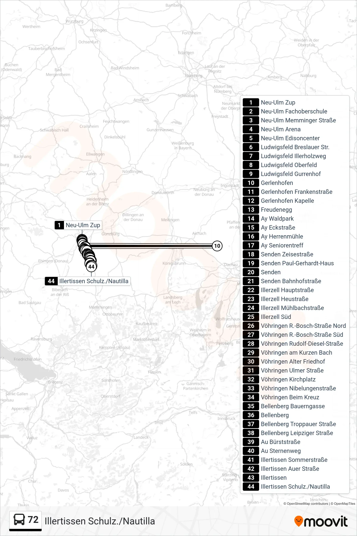 72 bus Line (Illertissen Schulz./Nautilla) route and stops on a map