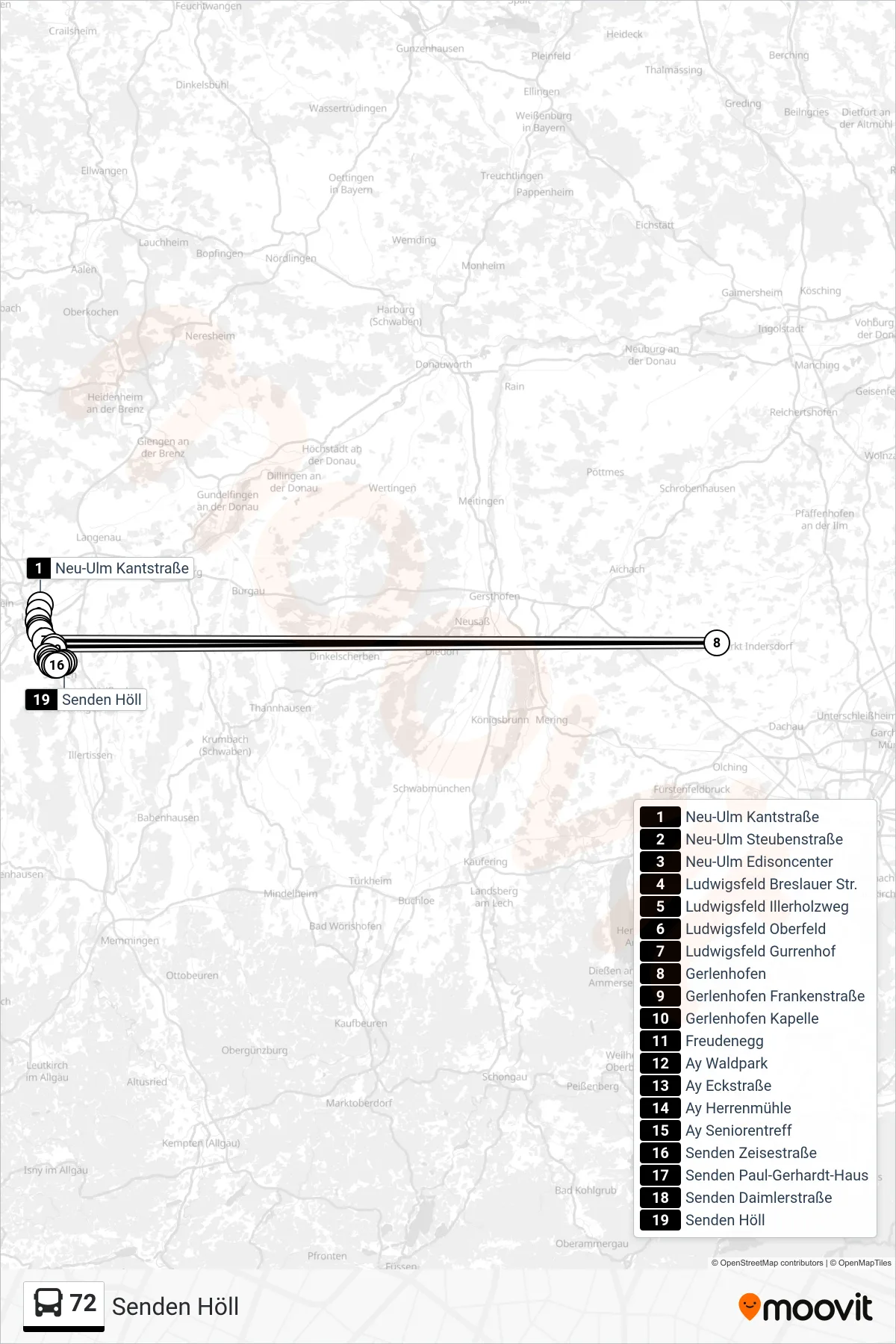 72 bus Line (Senden Höll) route and stops on a map