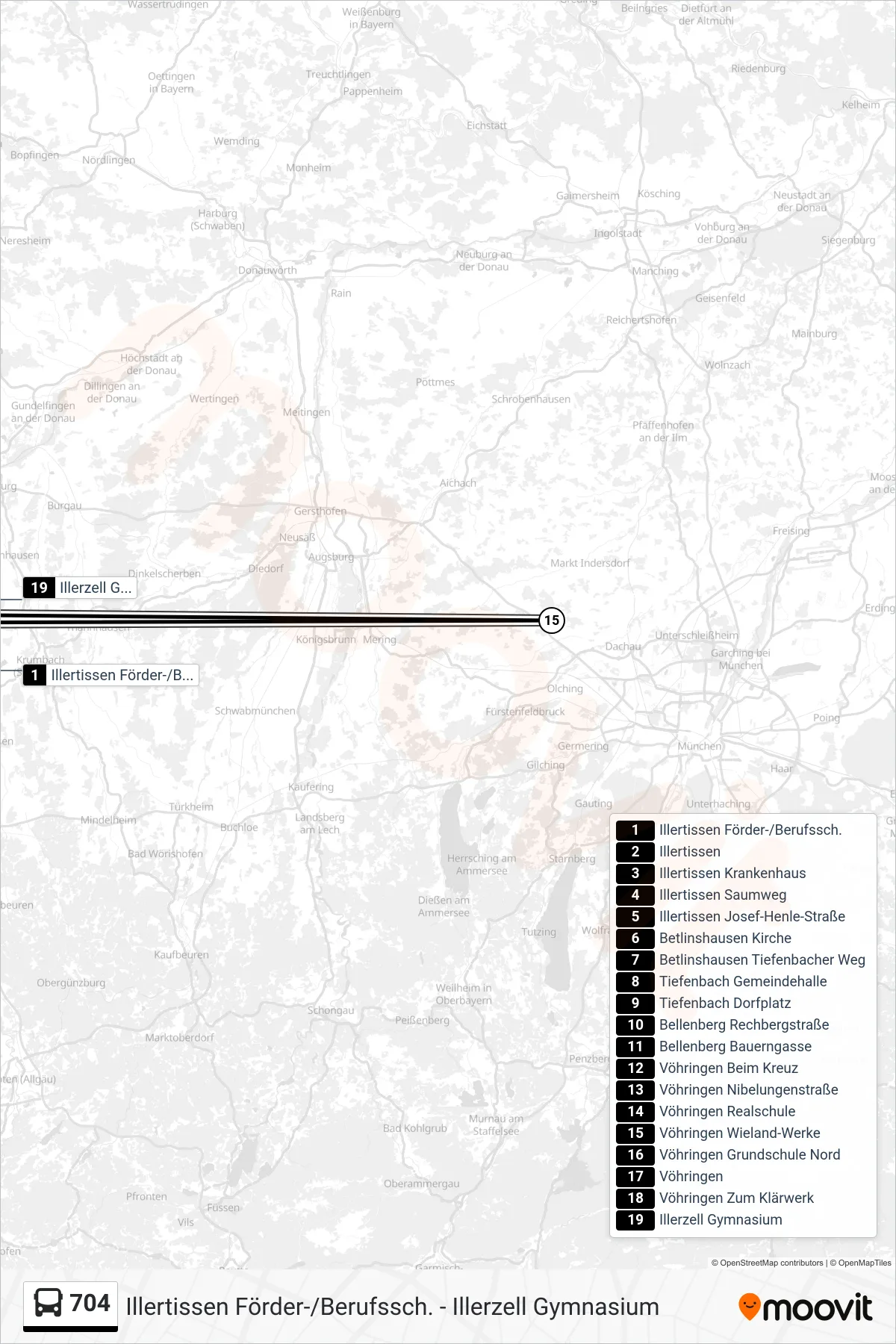 704 bus Line (Illerzell Gymnasium) route and stops on a map