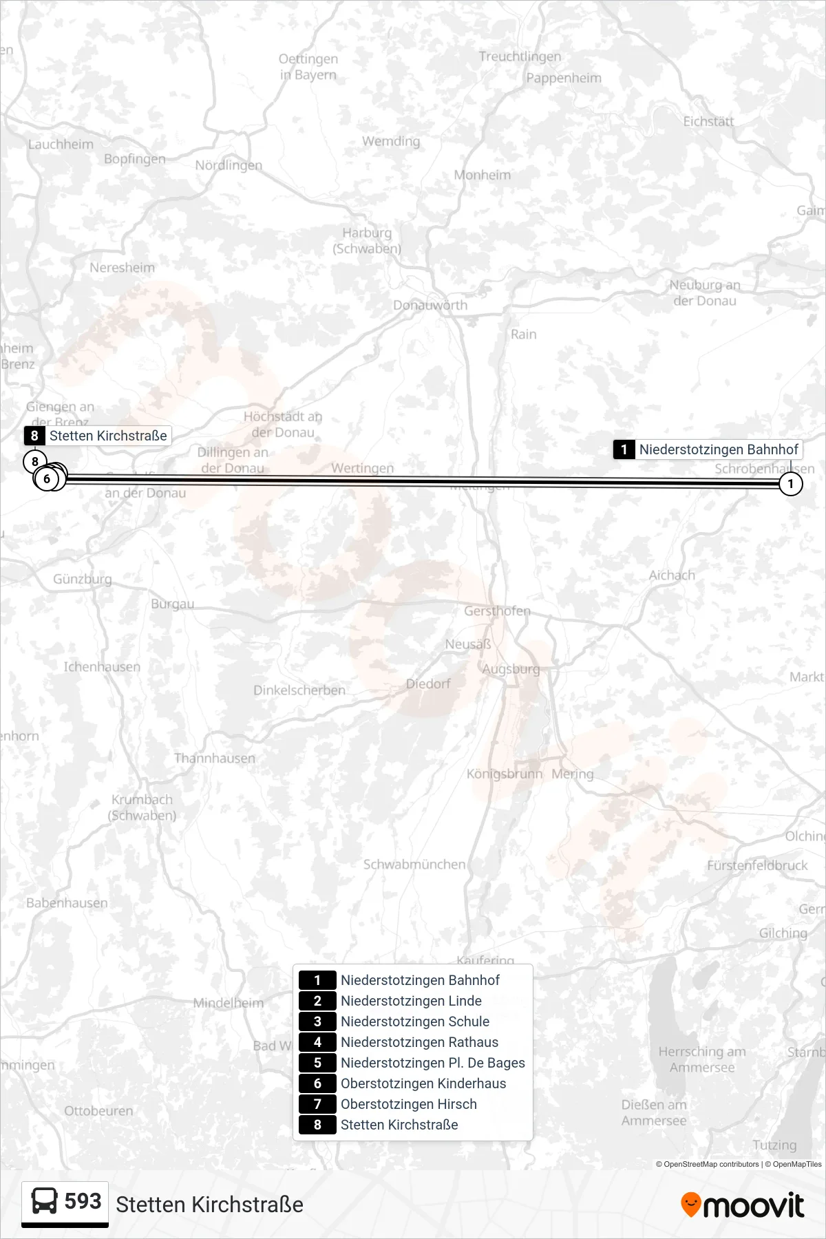 593 bus Line (Stetten Kirchstraße) route and stops on a map