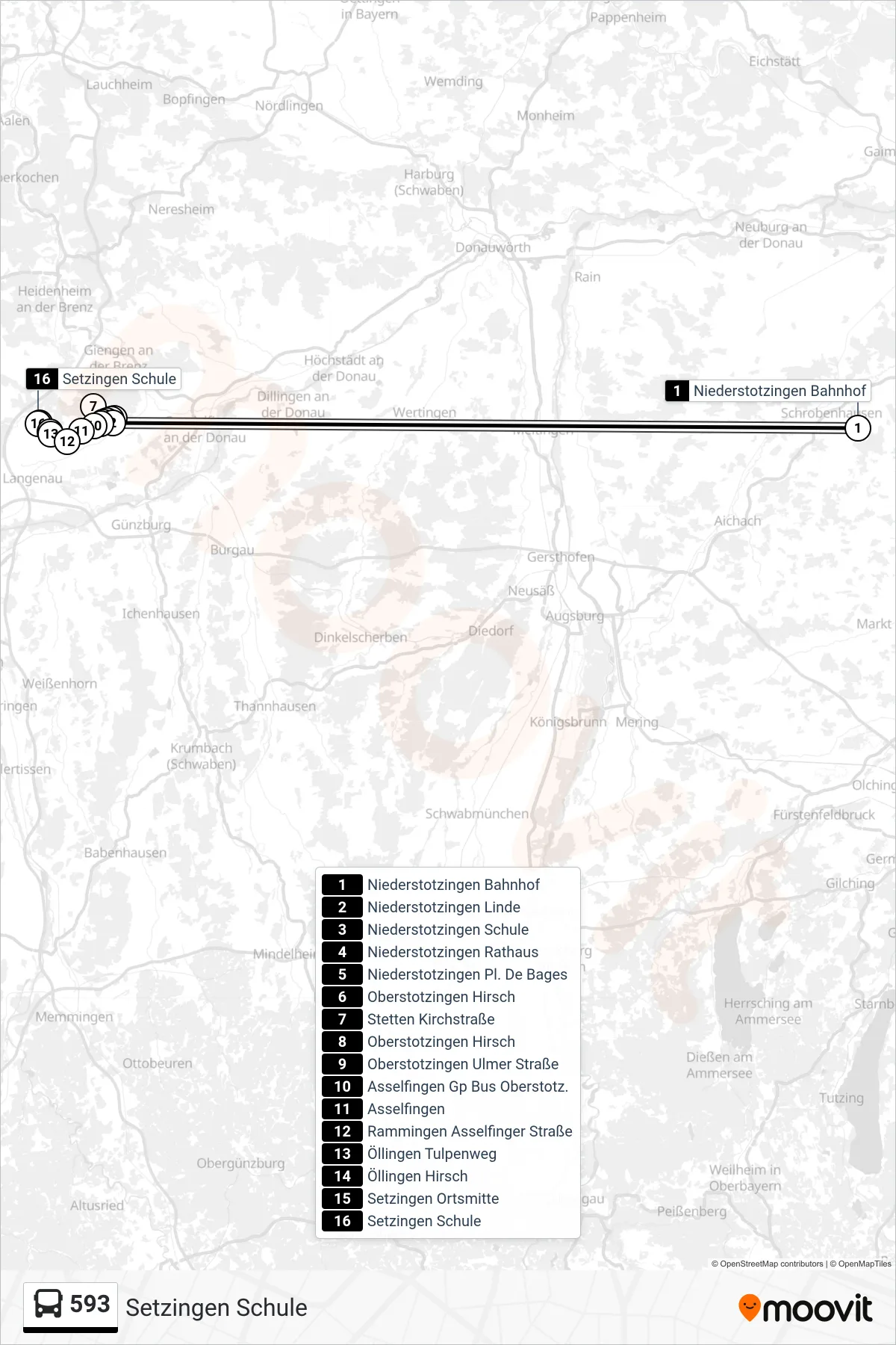 593 bus Line (Setzingen Schule) route and stops on a map