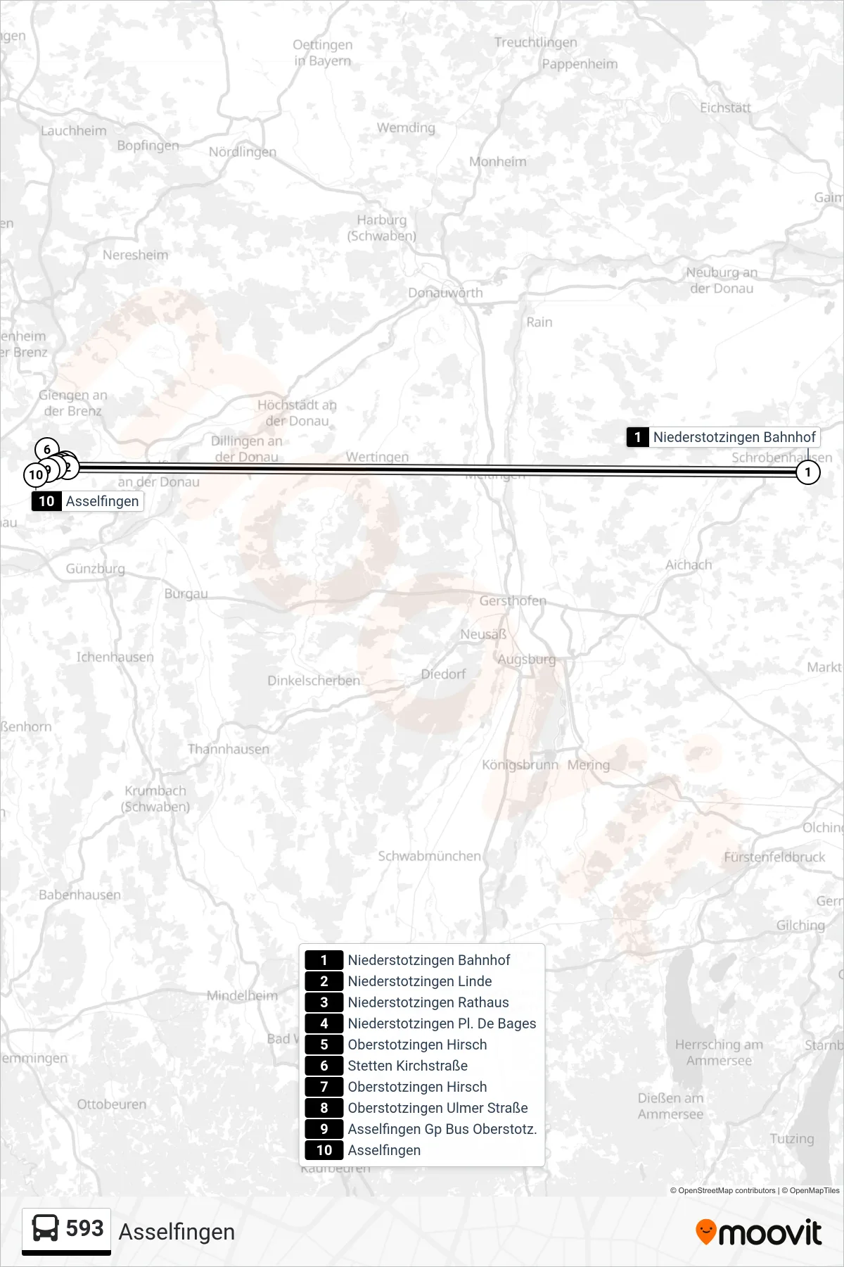 593 bus Line (Asselfingen) route and stops on a map