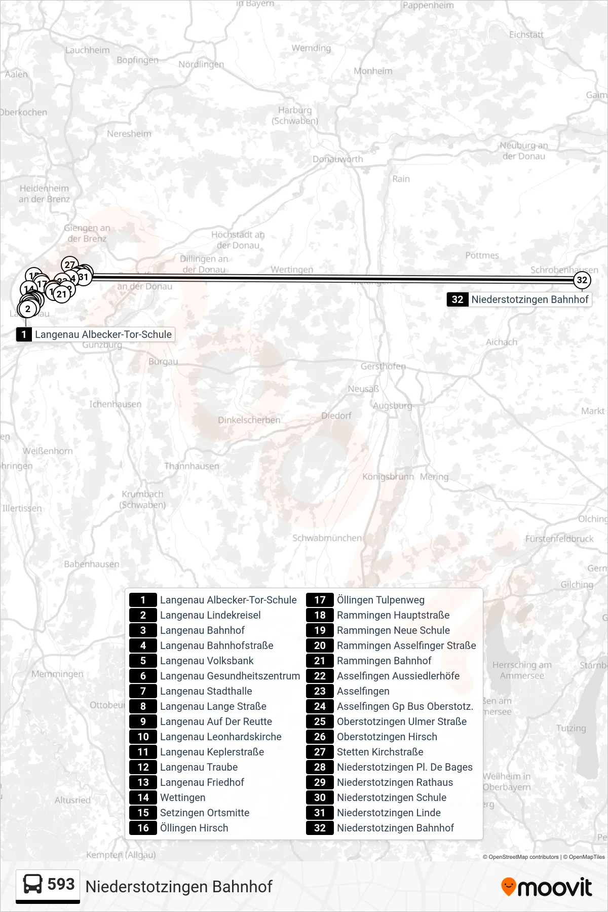 593 bus Line (Niederstotzingen Bahnhof) route and stops on a map
