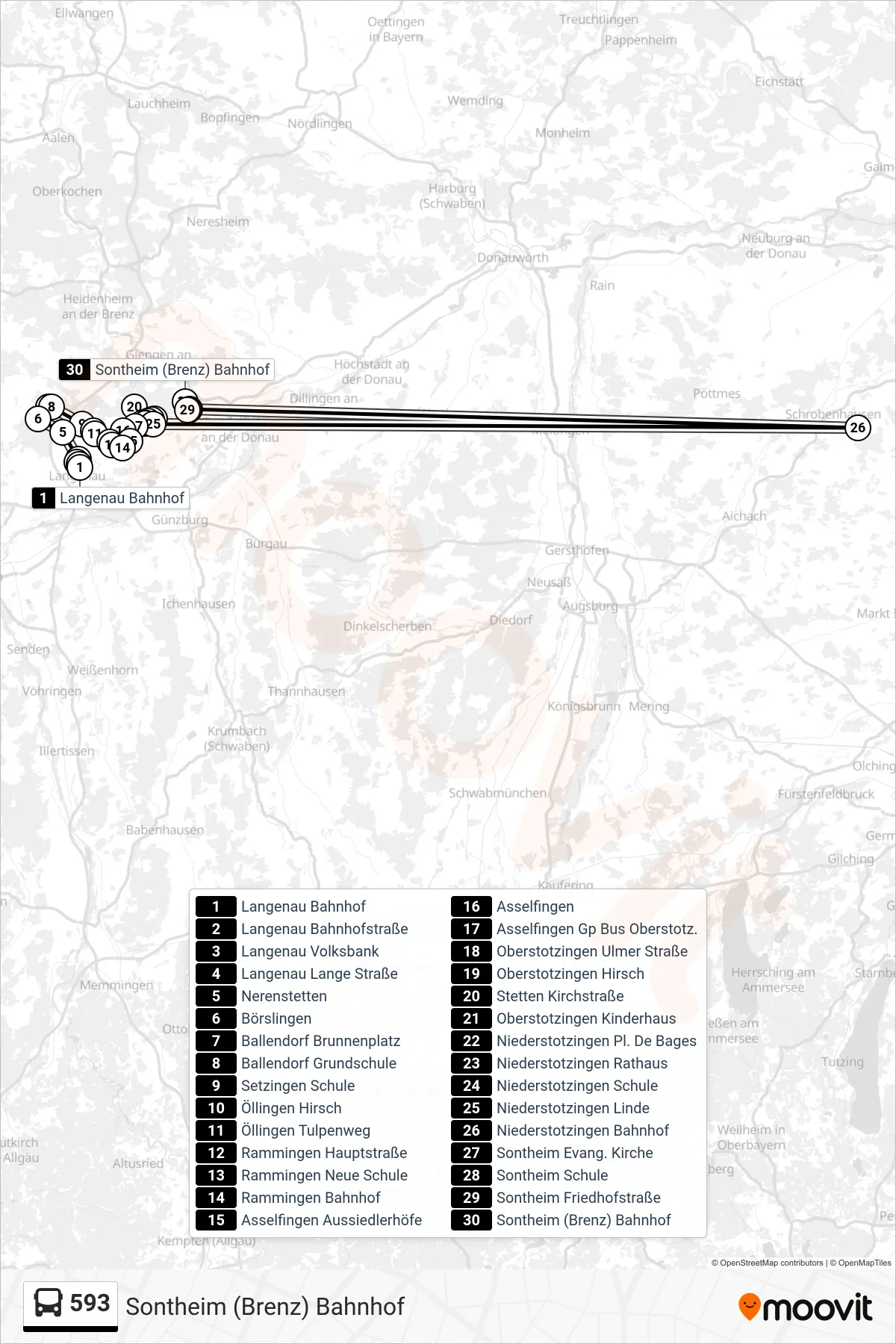 593 bus Line (Sontheim (Brenz) Bahnhof) route and stops on a map