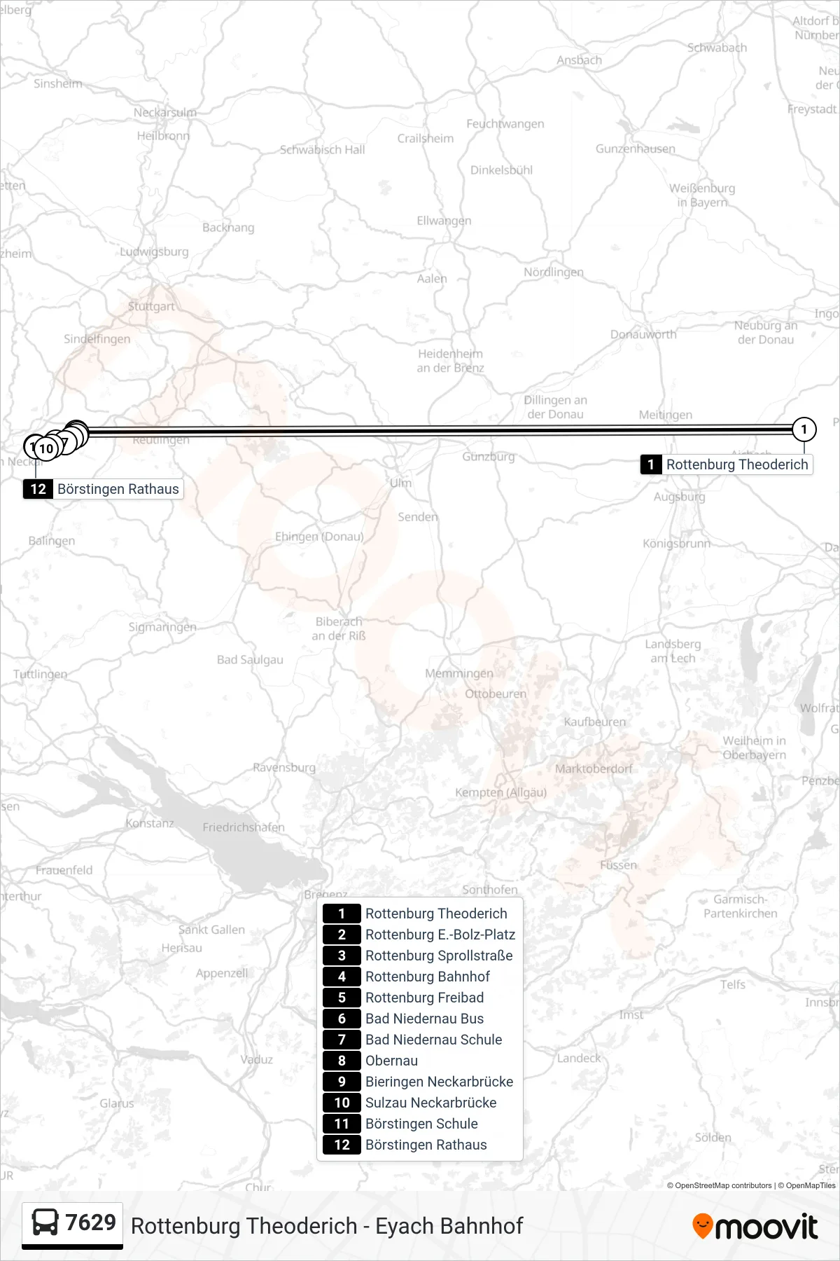 7629 bus Line (Börstingen Rathaus) route and stops on a map