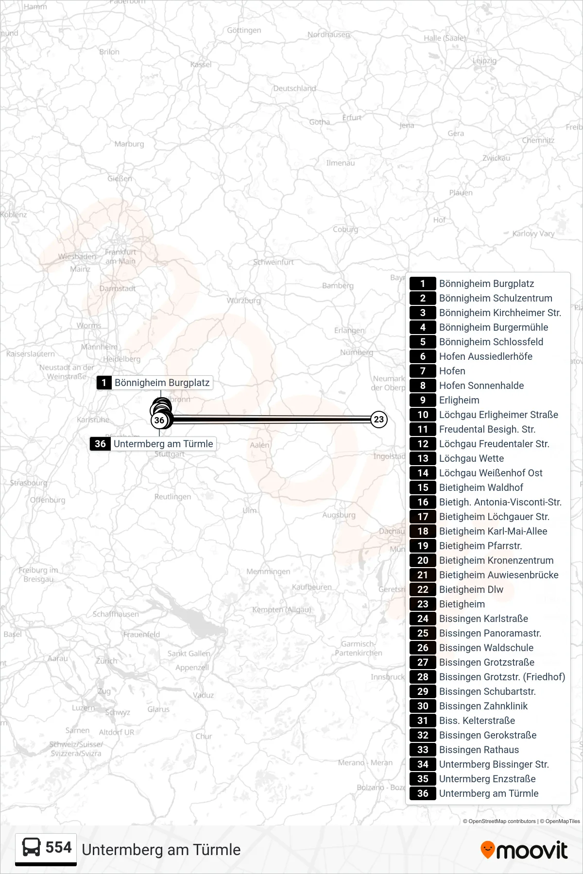 554 bus Line (Untermberg am Türmle) route and stops on a map