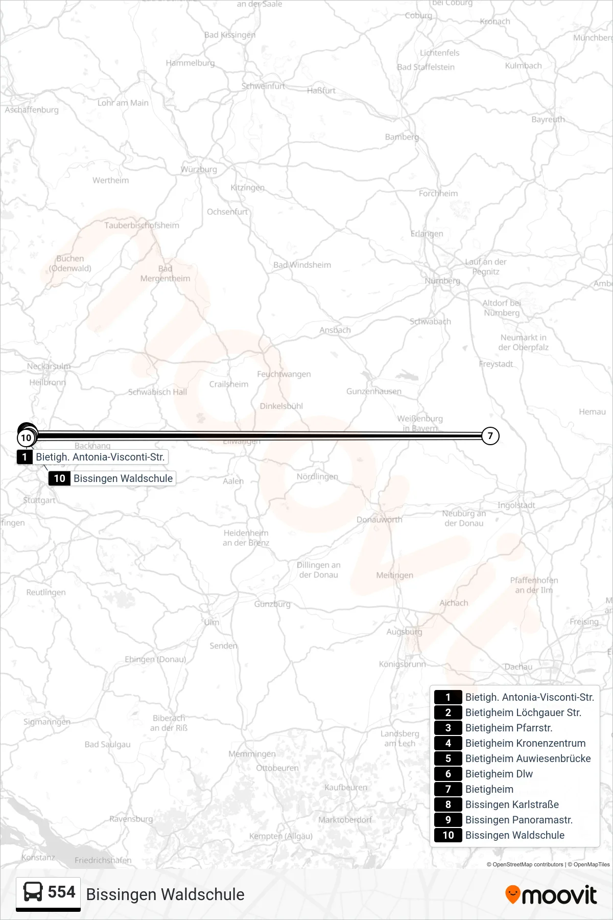 554 bus Line (Bissingen Waldschule) route and stops on a map